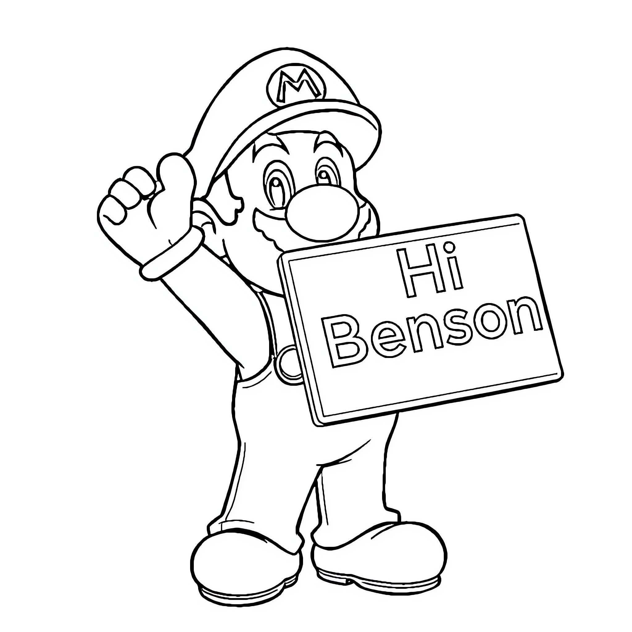 Super Mario Greets Benson Happily Coloring Page (free black-and-white line drawing printable PDF for all, from beginners to advanced learners, including children, teens, adults, and seniors)