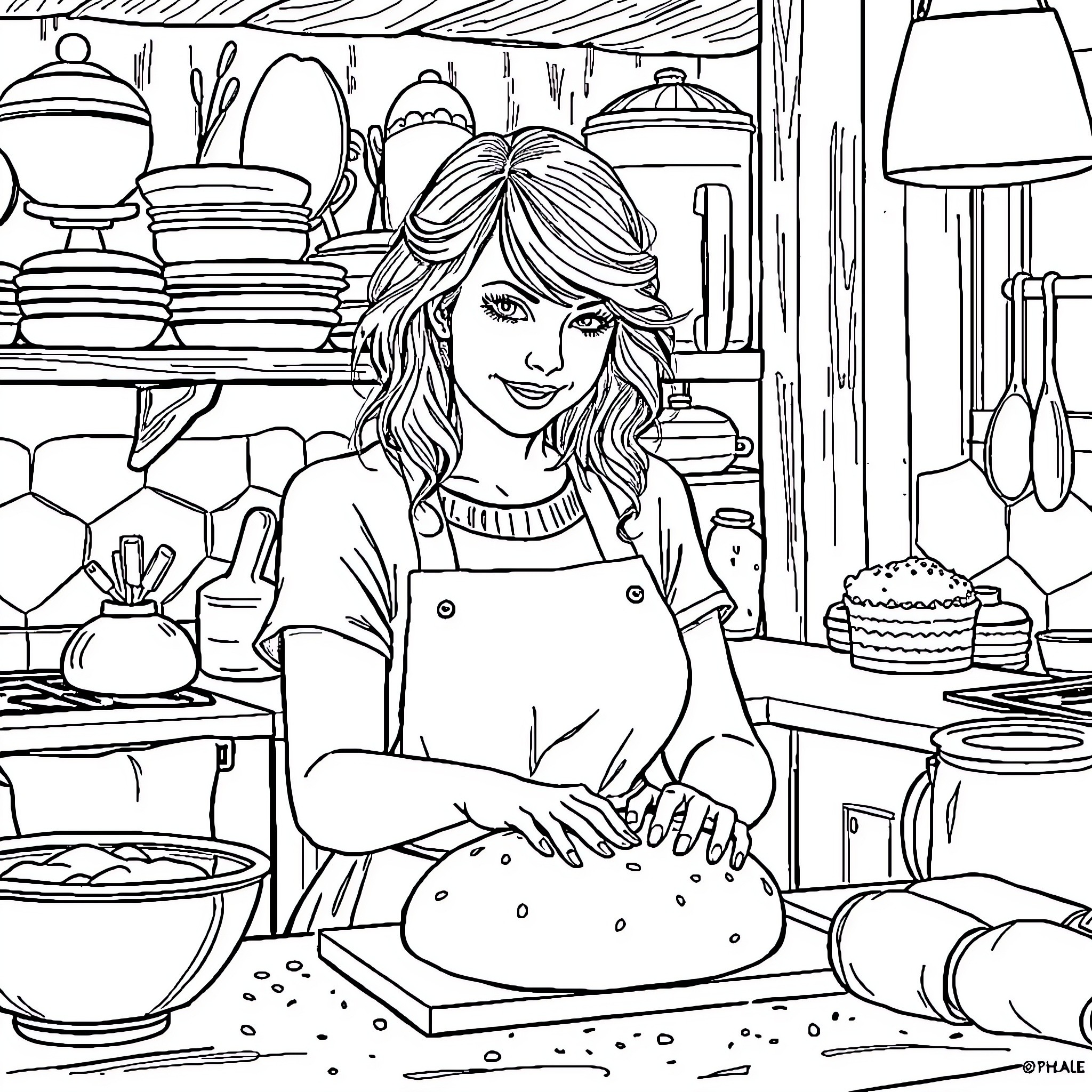 Taylor Swift's Cozy Kitchen Adventure Coloring Page (free black-and-white line drawing printable PDF for all, from beginners to advanced learners, including children, teens, adults, and seniors)