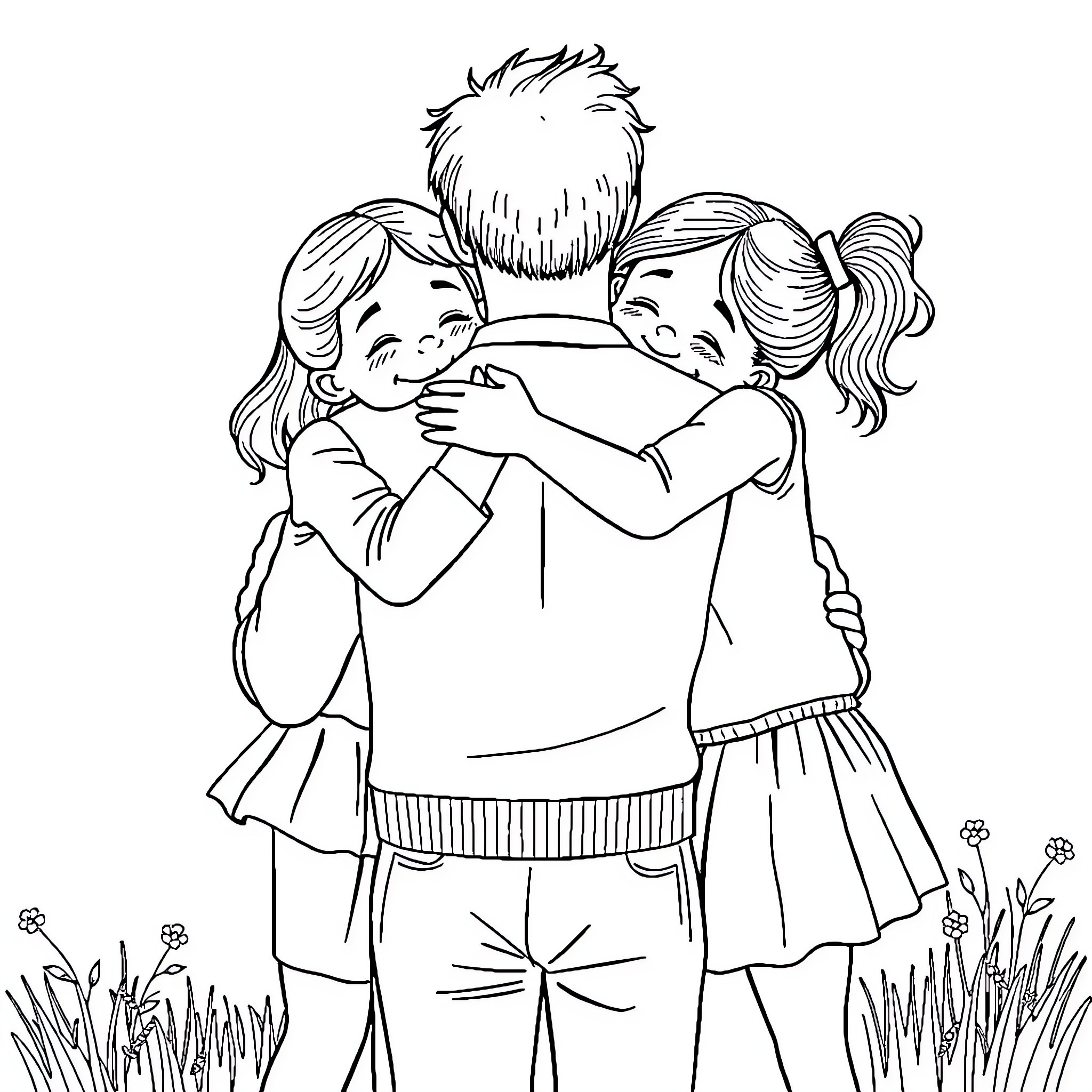 Girl hugging her family lovingly in the park Coloring Page (free black-and-white line drawing printable PDF for all, from beginners to advanced learners, including children, teens, adults, and seniors)