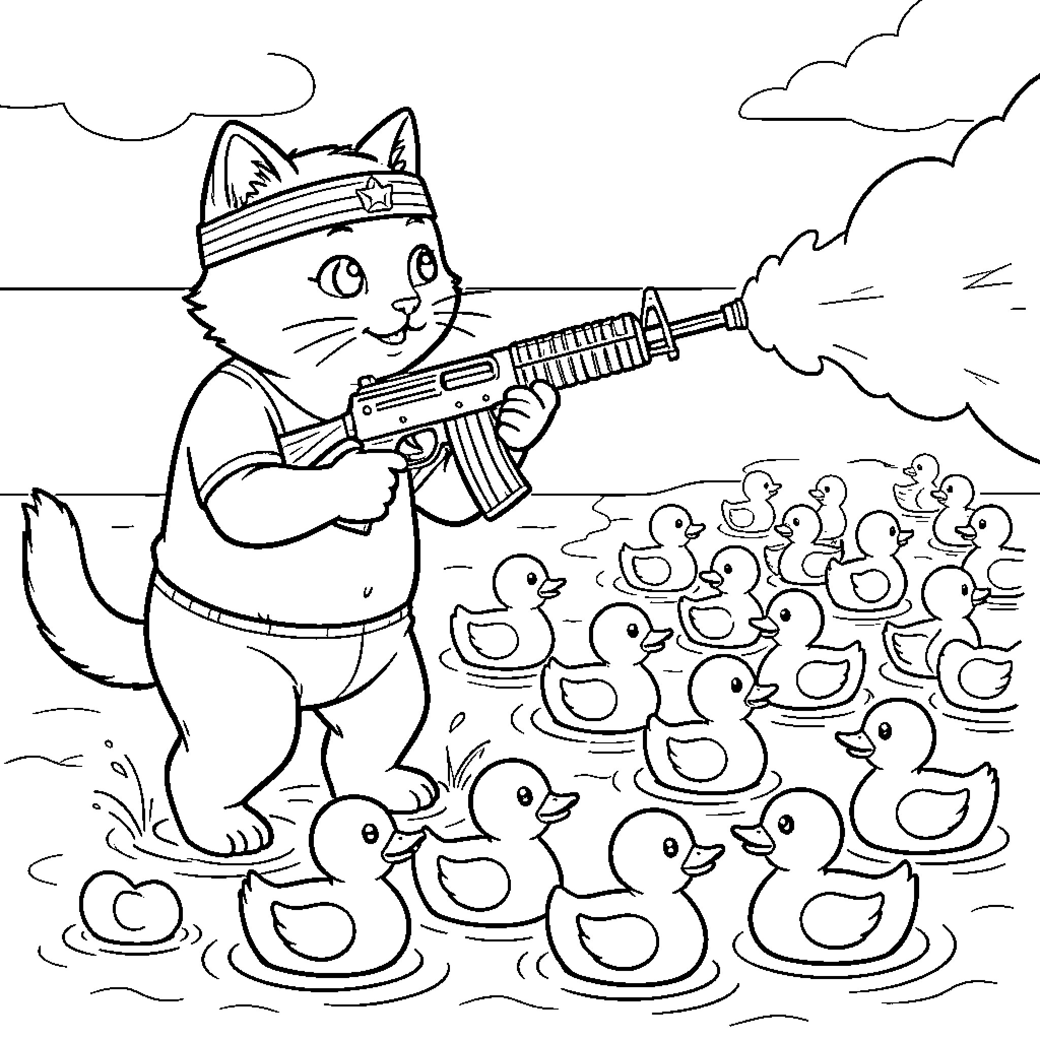 Gato firing water gun at rubber ducks Coloring Page (free black-and-white line drawing printable PDF for all, from beginners to advanced learners, including children, teens, adults, and seniors)