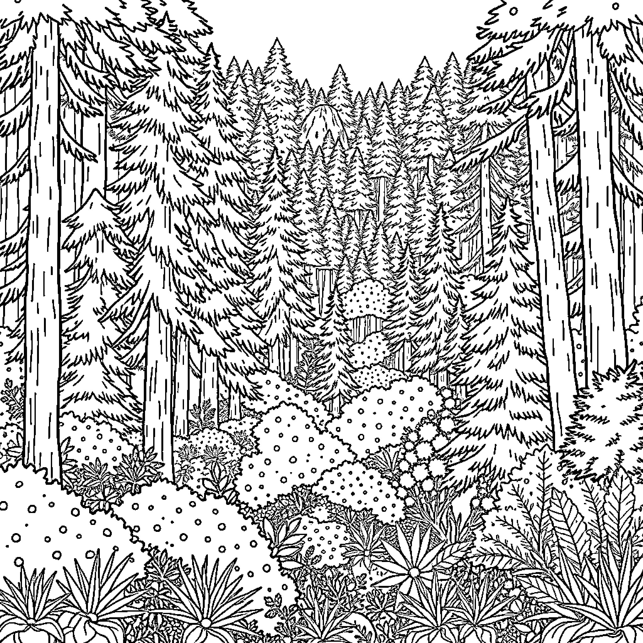 Forest filled with intricate flora and fauna Coloring Page (free black-and-white line drawing printable PDF for all, from beginners to advanced learners, including children, teens, adults, and seniors)