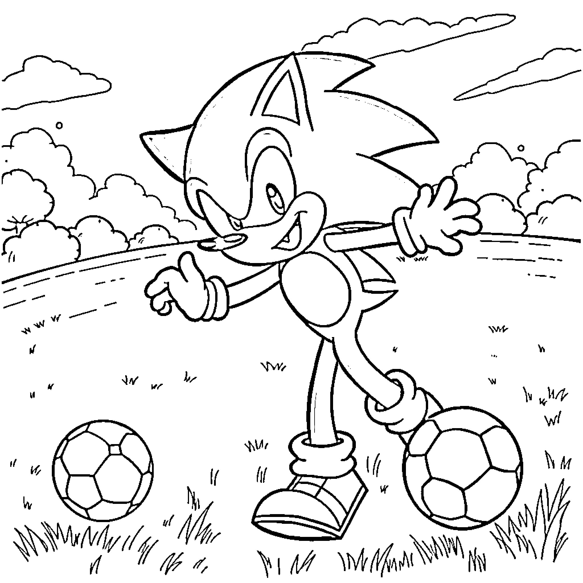 Sonic playing with soccer balls in the field Coloring Page (free black-and-white line drawing printable PDF for all, from beginners to advanced learners, including children, teens, adults, and seniors)