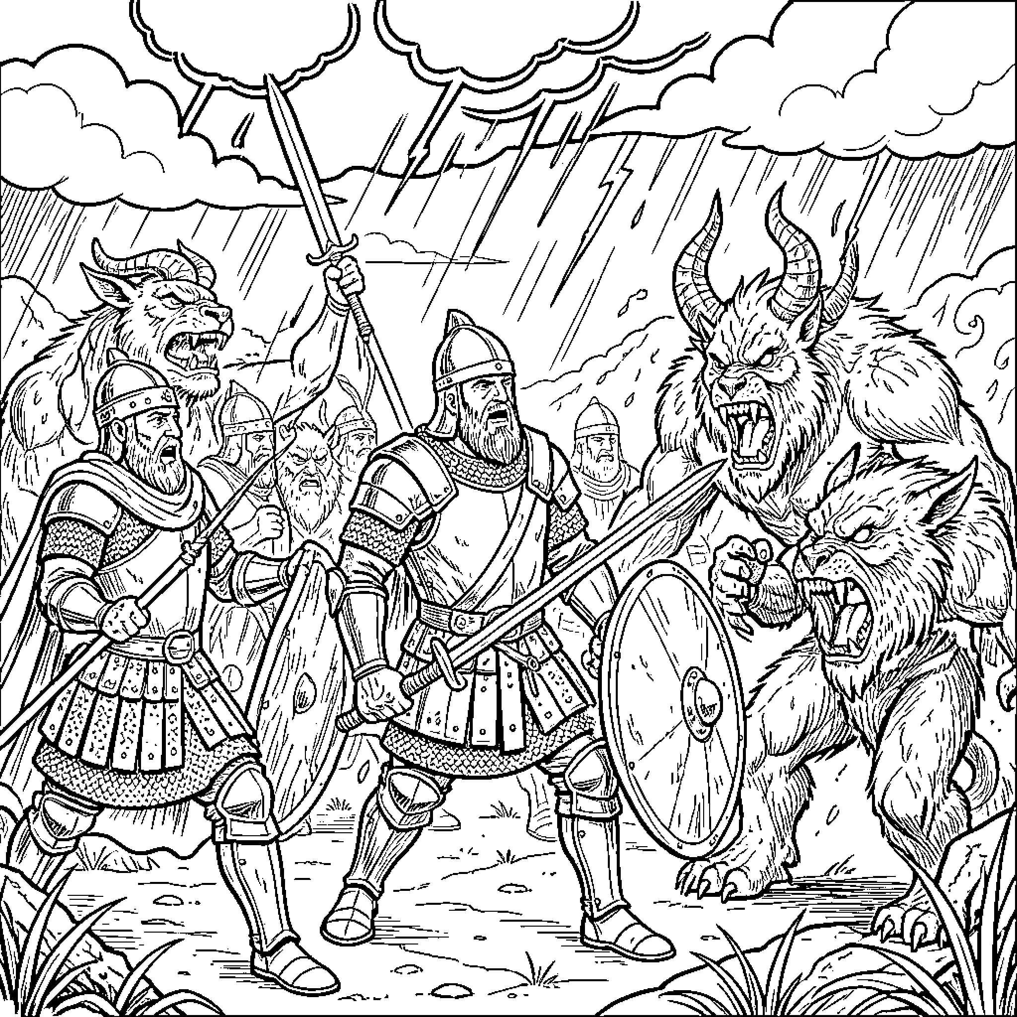 Warrior's Charge Against Fearsome Beasts in Battle Coloring Page (free black-and-white line drawing printable PDF for all, from beginners to advanced learners, including children, teens, adults, and seniors)
