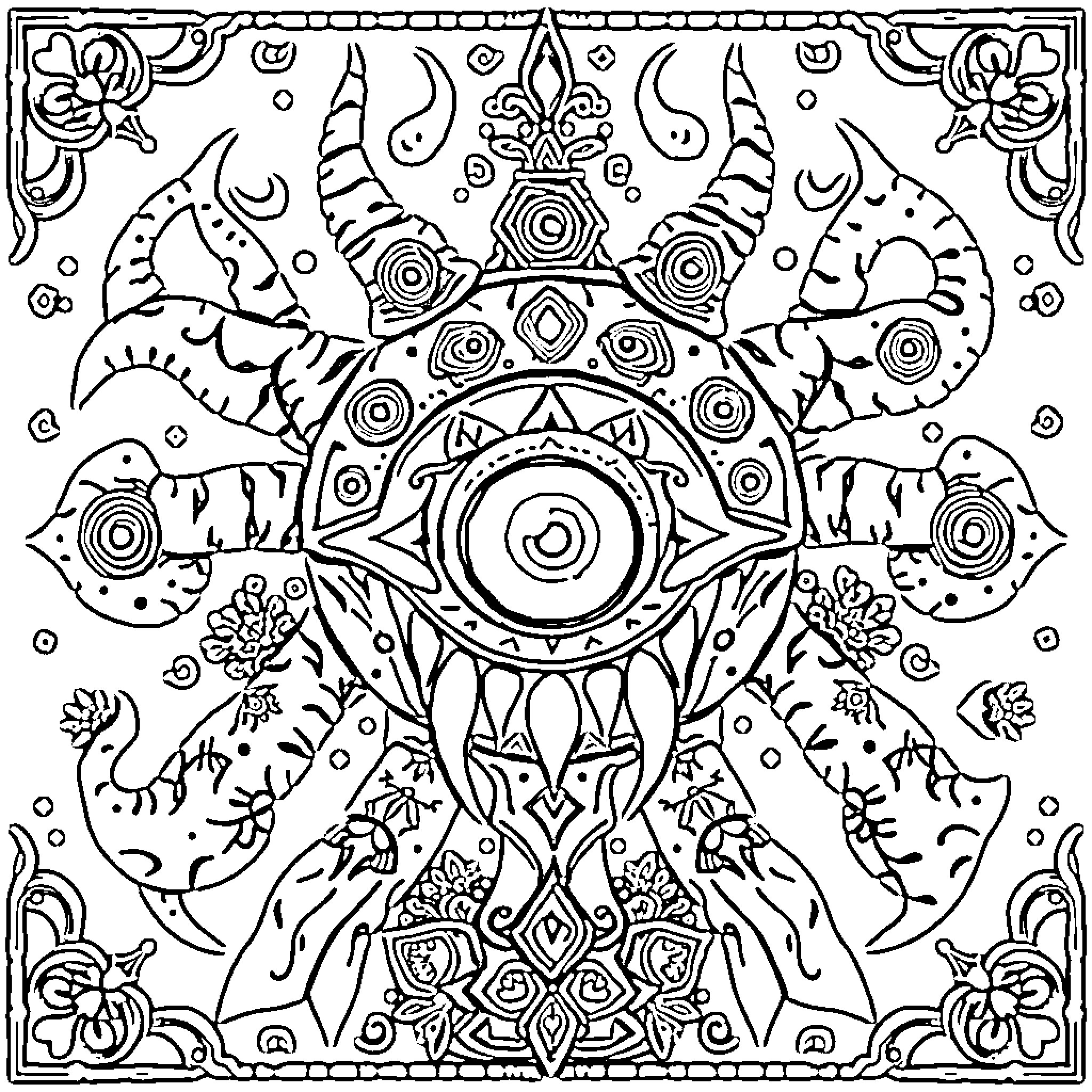Beholder of Intricate Symmetry and Ornate Patterns Coloring Page (free black-and-white line drawing printable PDF for all, from beginners to advanced learners, including children, teens, adults, and seniors)