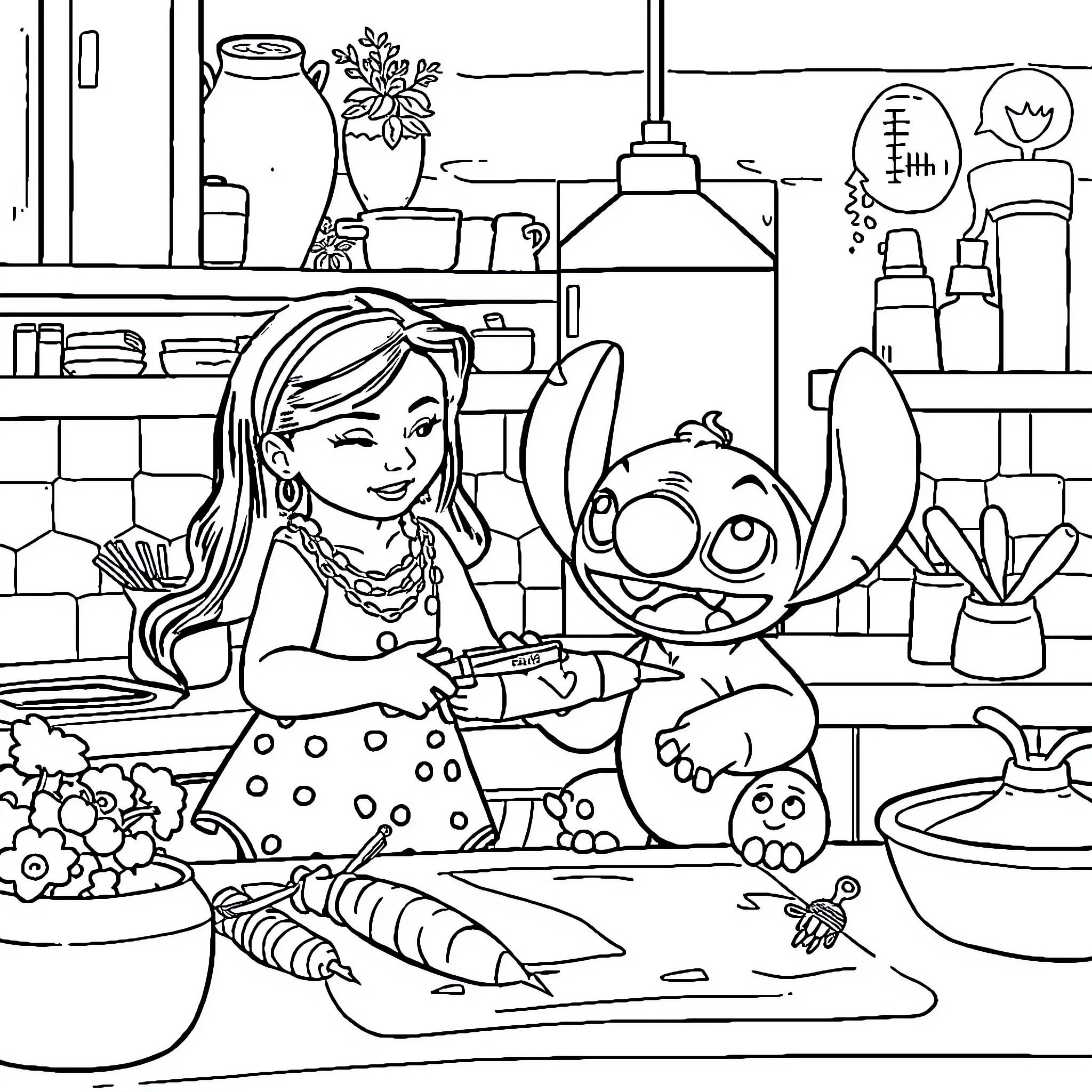 Lilo And Stitch Cooking Together in the Kitchen Coloring Page (free black-and-white line drawing printable PDF for all, from beginners to advanced learners, including children, teens, adults, and seniors)