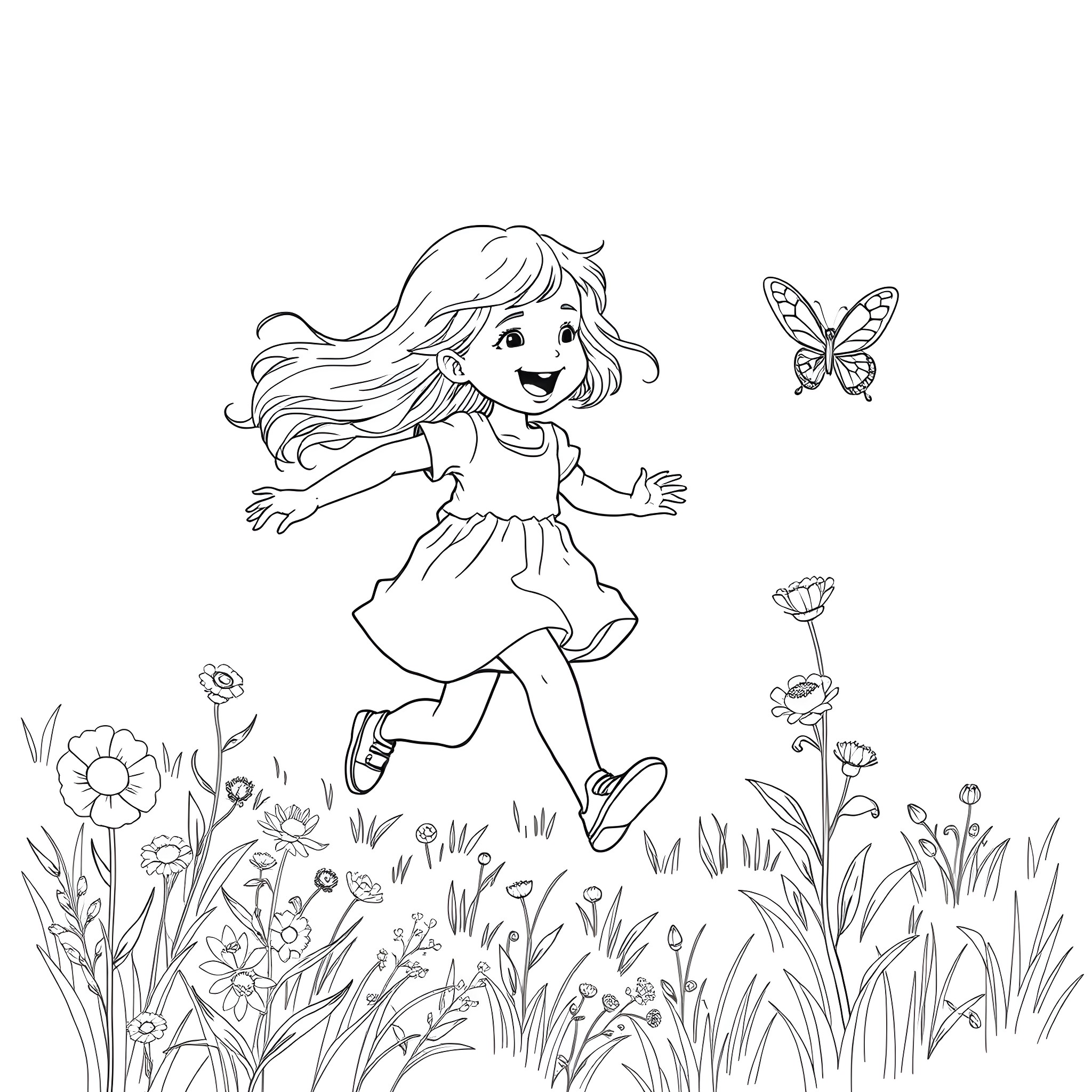Girl chasing butterflies in a field of flowers Coloring Page (free black-and-white line drawing printable PDF for all, from beginners to advanced learners, including children, teens, adults, and seniors)