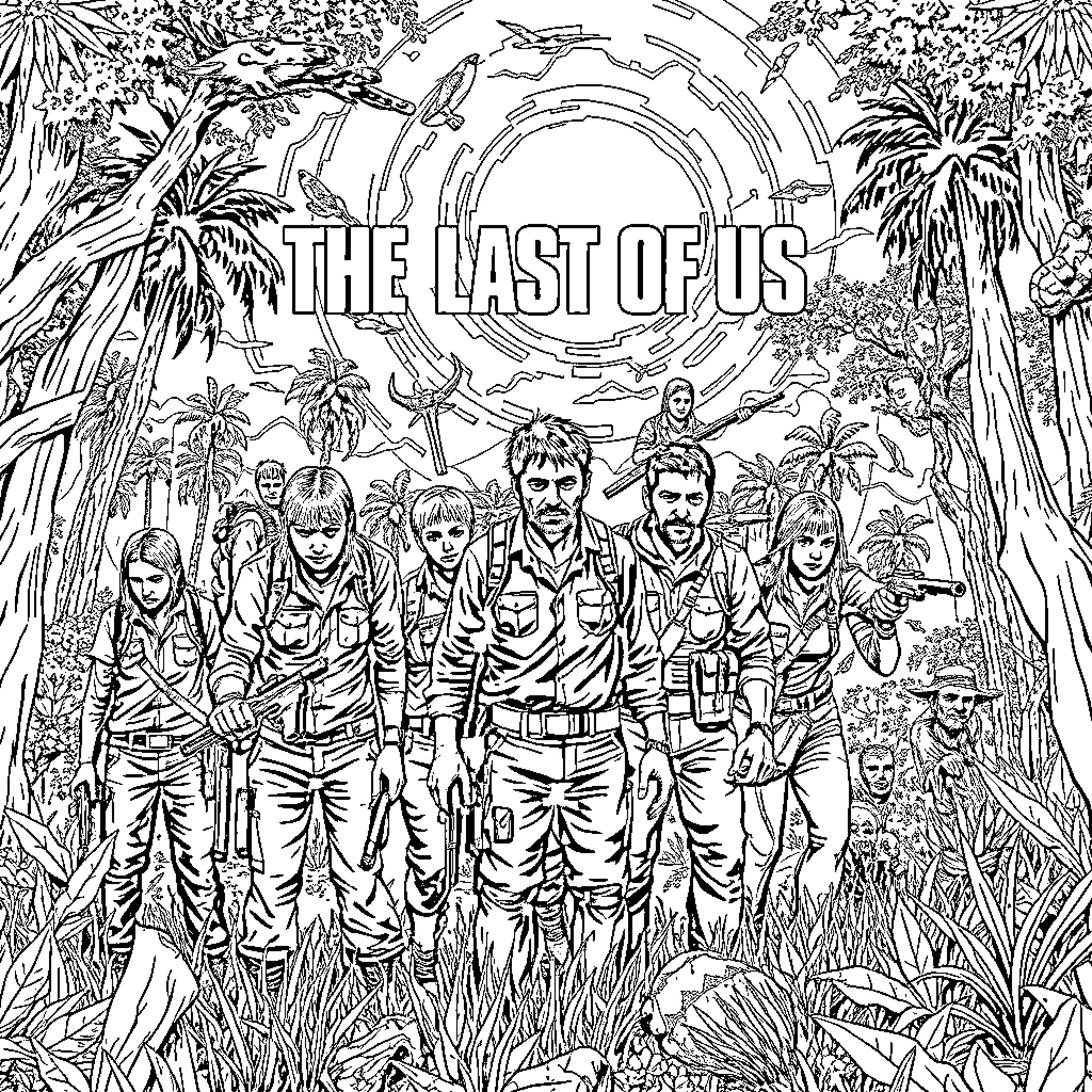 The Last Of Us - Survivors in a lush, overgrown landscape Coloring Page (free black-and-white line drawing printable PDF for all, from beginners to advanced learners, including children, teens, adults, and seniors)