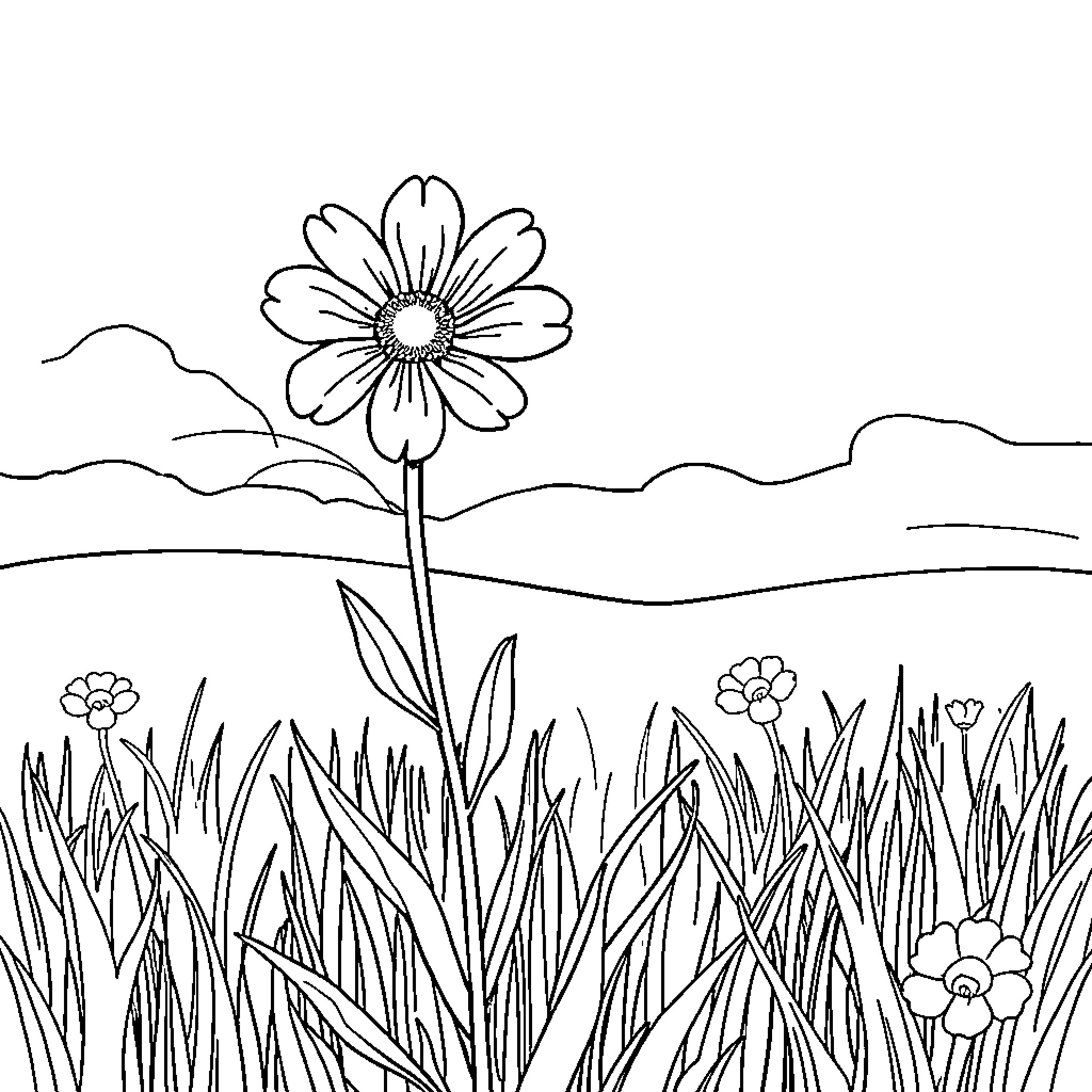 Flower blooming in serene meadow Coloring Page (free black-and-white line drawing printable PDF for all, from beginners to advanced learners, including children, teens, adults, and seniors)