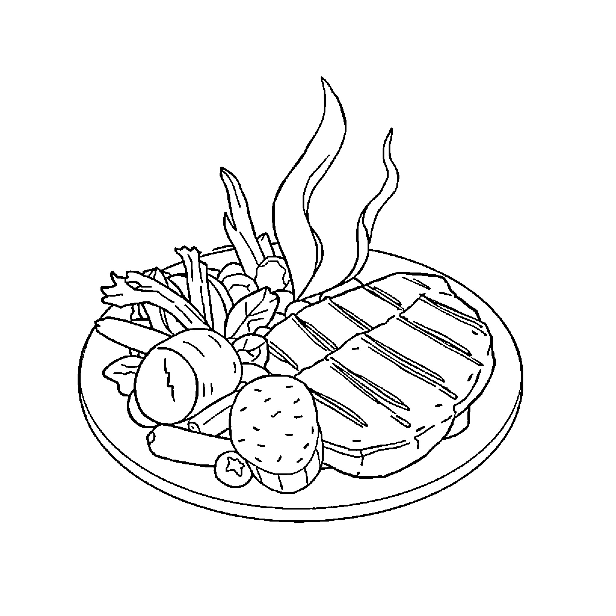 Food preparation with grilled items Coloring Page (free black-and-white line drawing printable PDF for all, from beginners to advanced learners, including children, teens, adults, and seniors)
