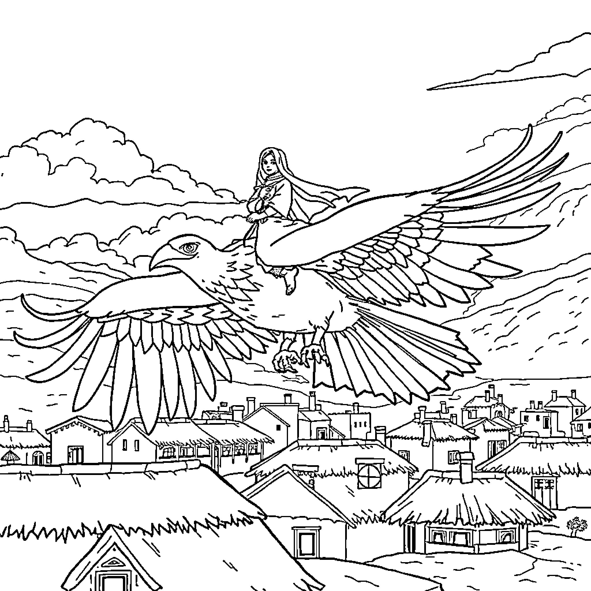 Deidara riding a giant mythological bird over a city Coloring Page (free black-and-white line drawing printable PDF for all, from beginners to advanced learners, including children, teens, adults, and seniors)