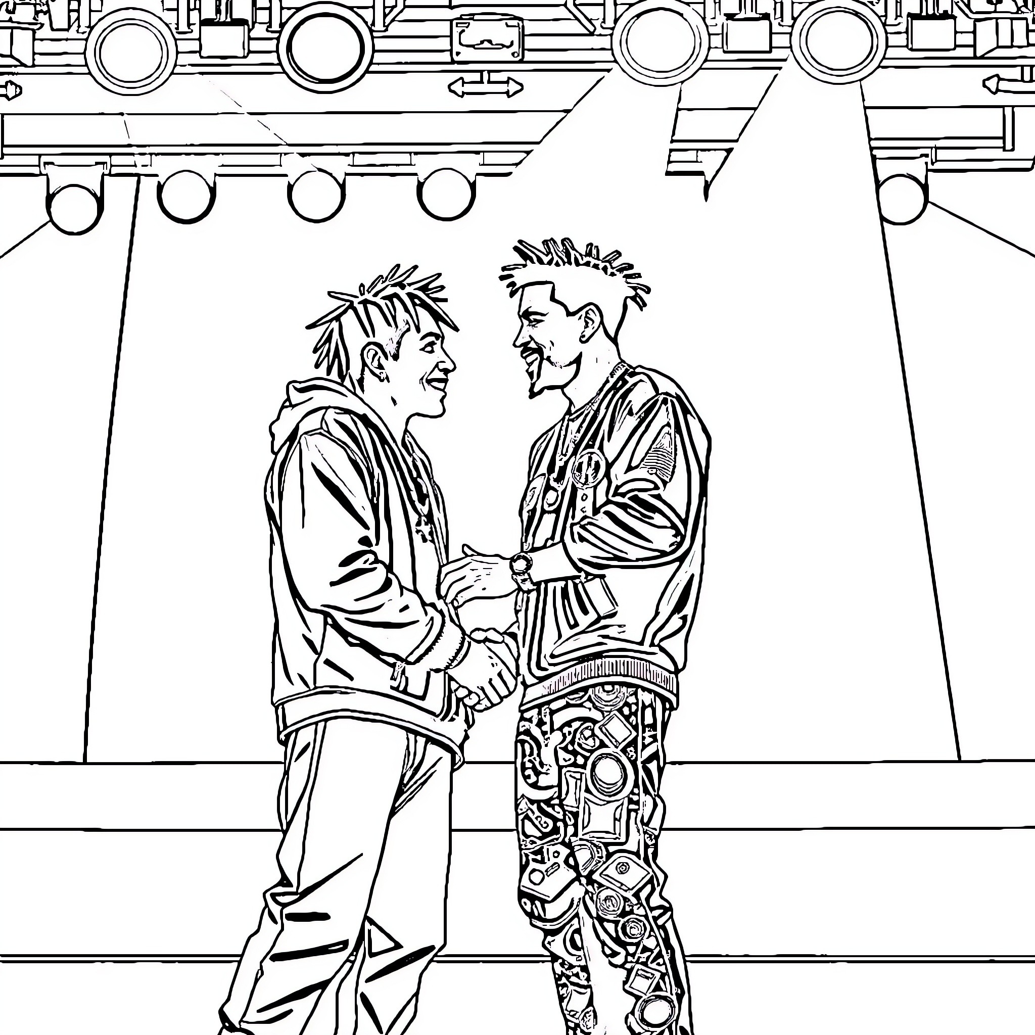 Rapper shaking hands with fellow performer on stage Coloring Page (free black-and-white line drawing printable PDF for all, from beginners to advanced learners, including children, teens, adults, and seniors)