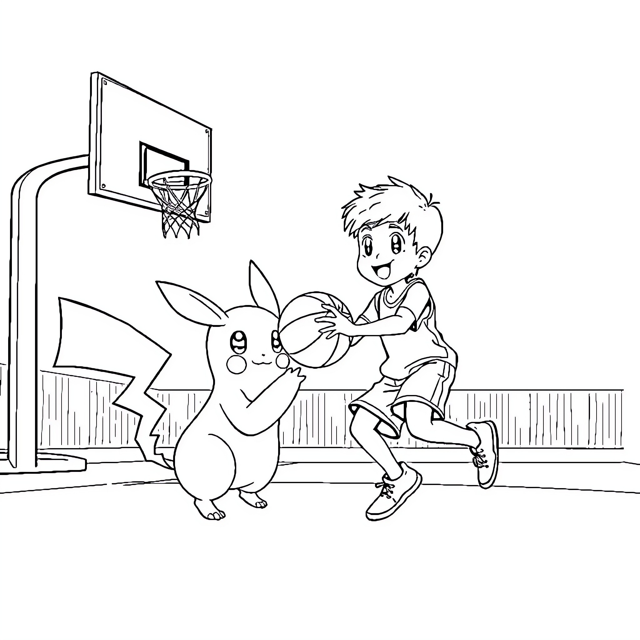 Kid playing basketball with cute creature Coloring Page (free black-and-white line drawing printable PDF for all, from beginners to advanced learners, including children, teens, adults, and seniors)