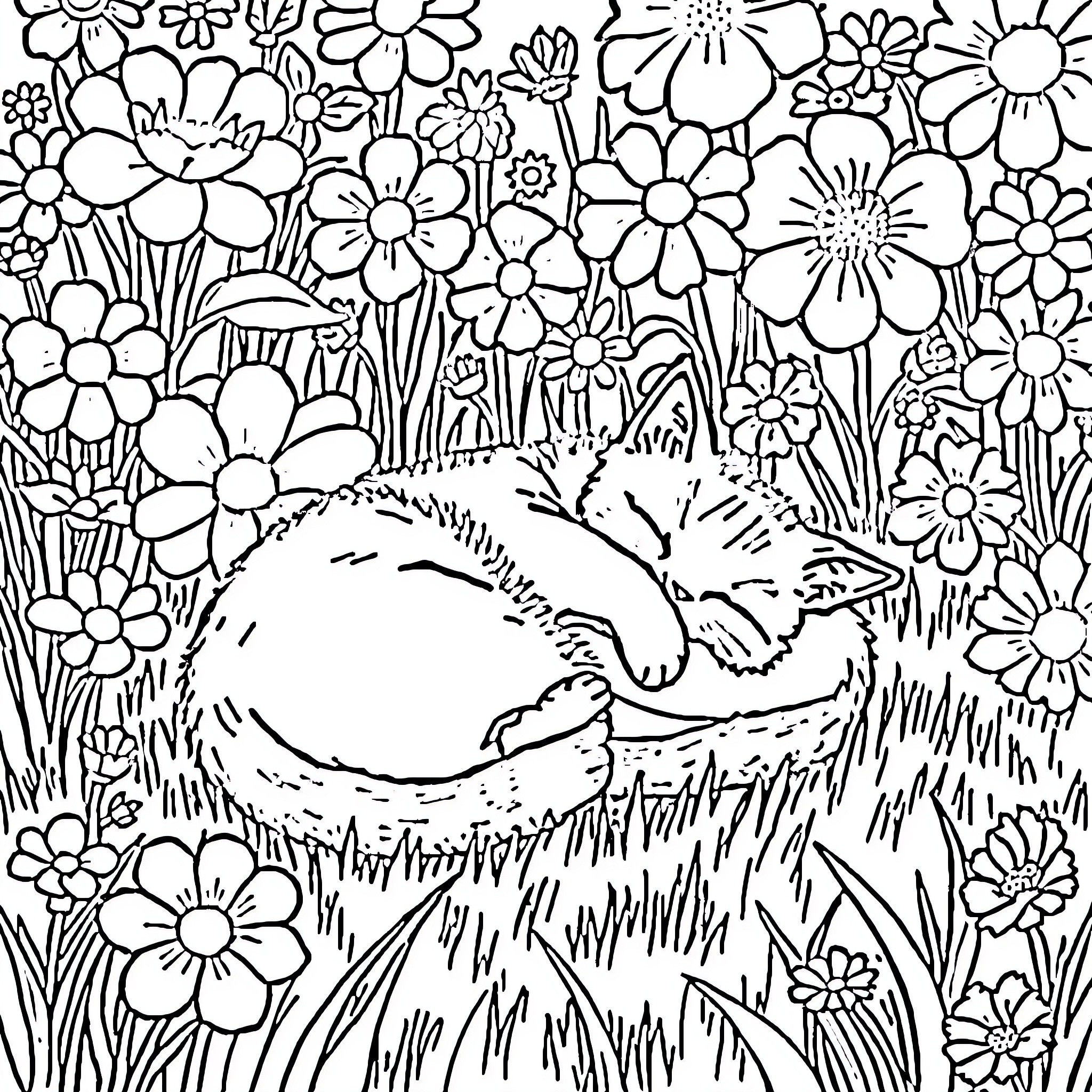 Cat sleeping peacefully in flower garden Coloring Page (free black-and-white line drawing printable PDF for all, from beginners to advanced learners, including children, teens, adults, and seniors)