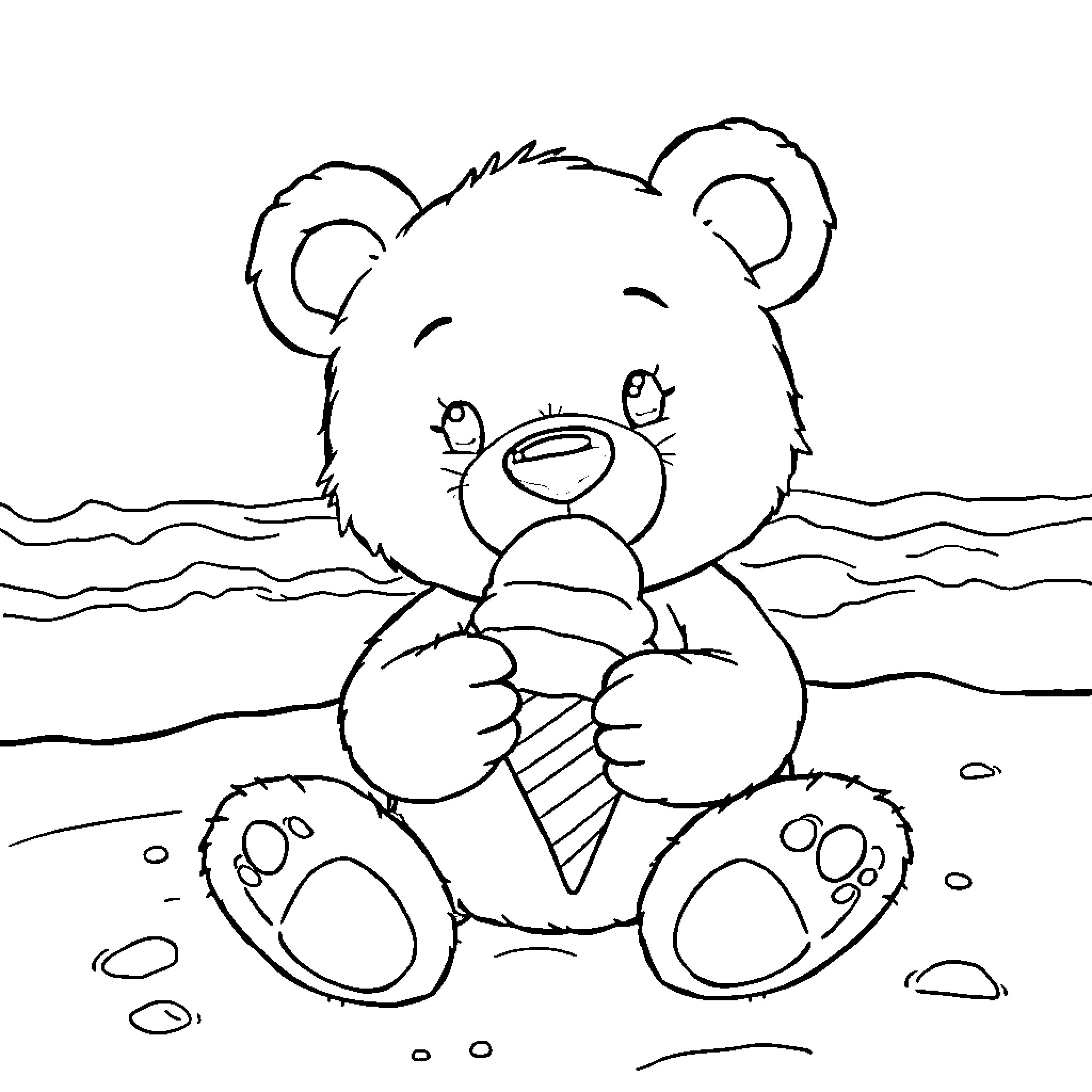 Teddy Bear Enjoying Ice Cream by the Seashore Coloring Page (free black-and-white line drawing printable PDF for all, from beginners to advanced learners, including children, teens, adults, and seniors)