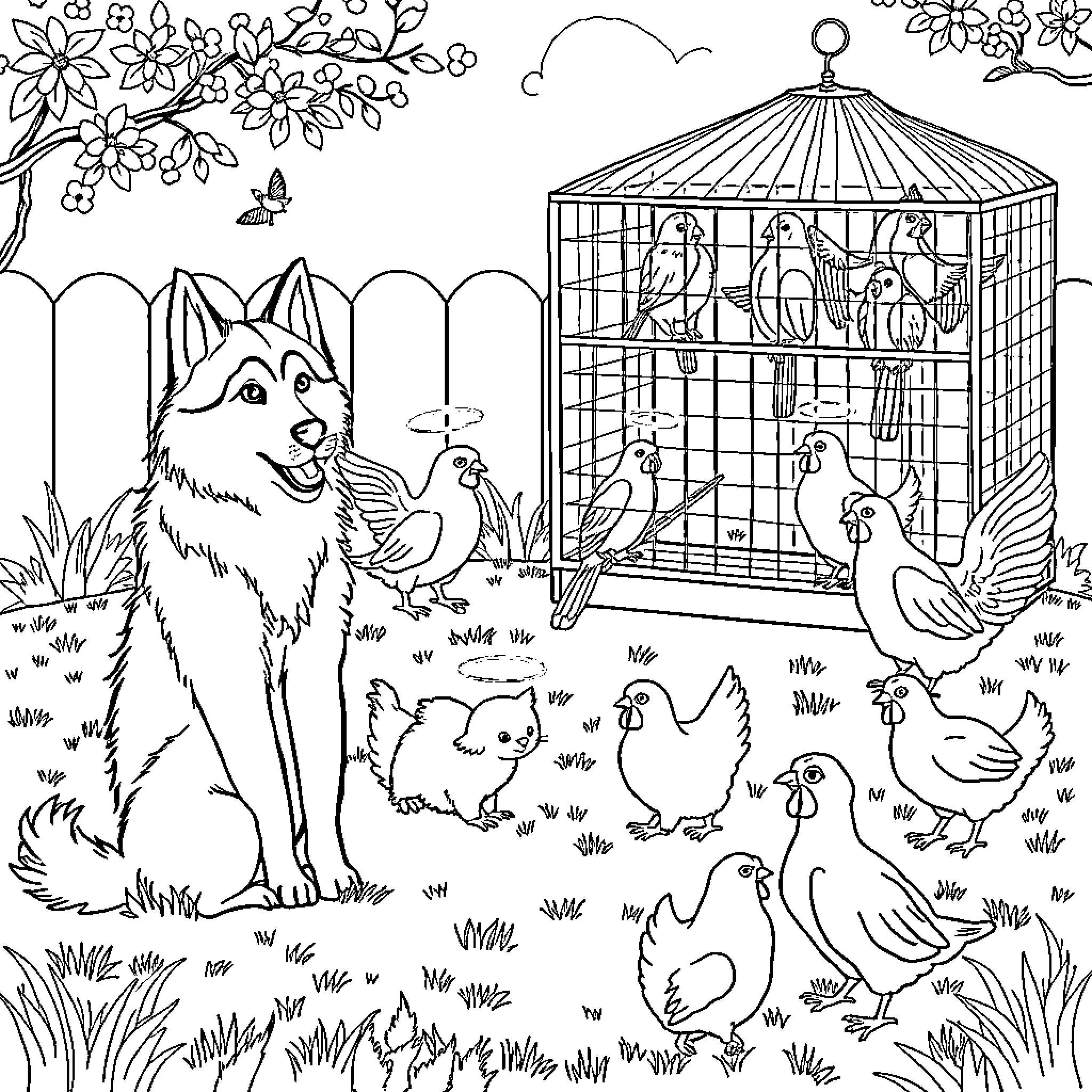Husky enjoying the company of birds and chickens in the garden Coloring Page (free black-and-white line drawing printable PDF for all, from beginners to advanced learners, including children, teens, adults, and seniors)