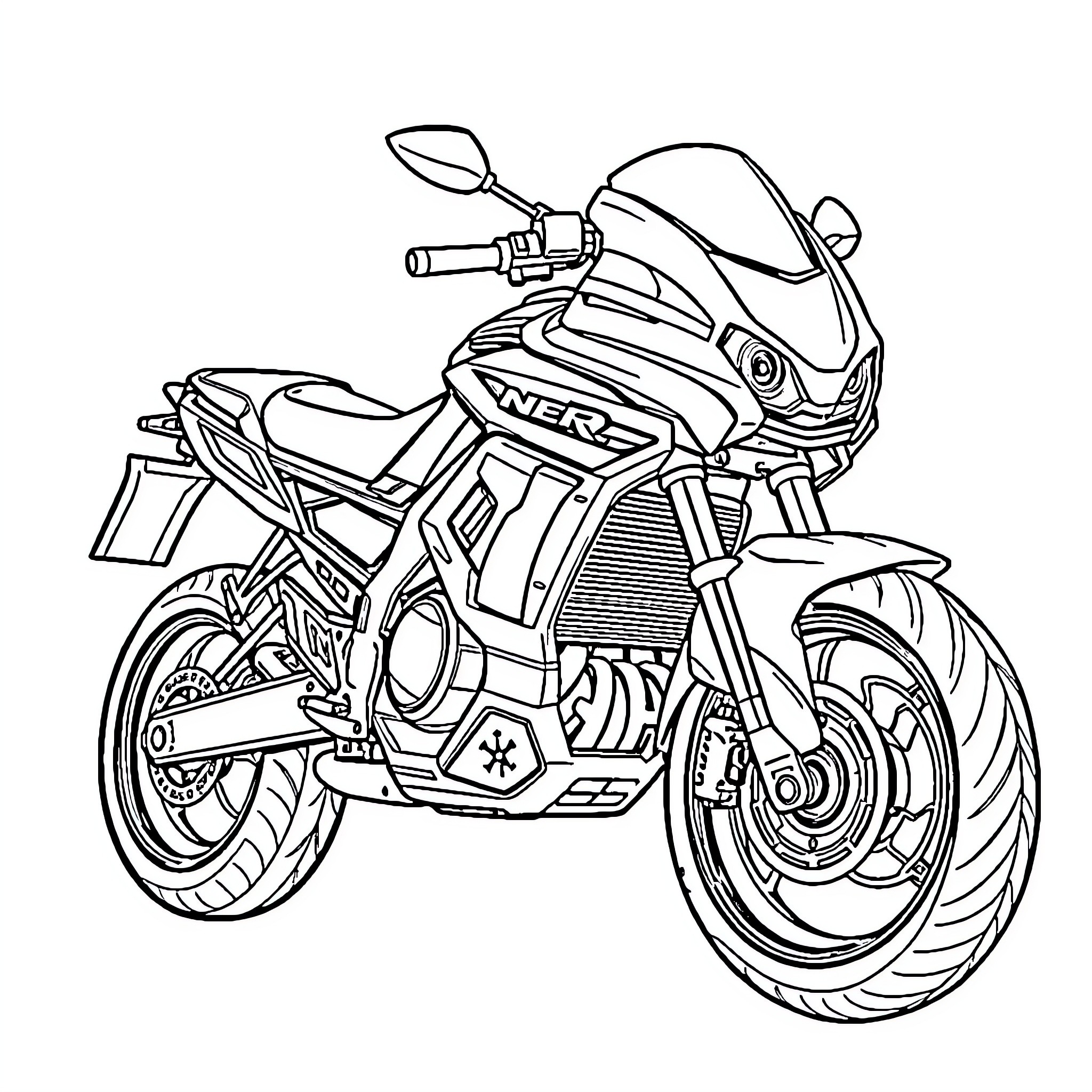 Nerf Blaster futuristic motorcycle in action Coloring Page (free black-and-white line drawing printable PDF for all, from beginners to advanced learners, including children, teens, adults, and seniors)