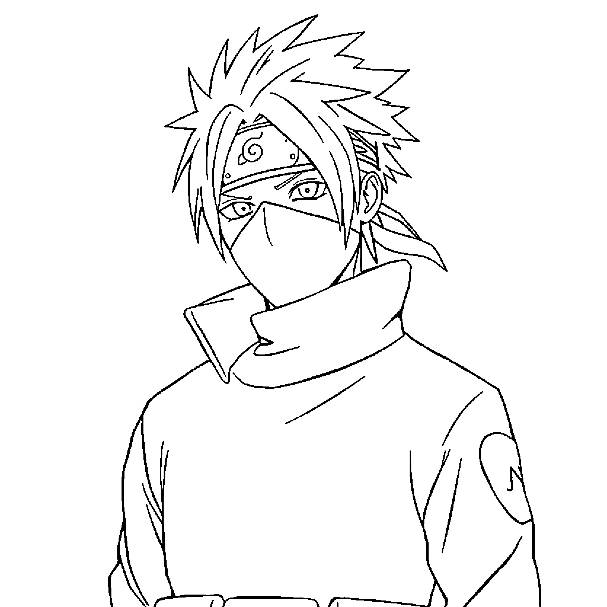 Kakashi wearing ninja attire with mask Coloring Page (free black-and-white line drawing printable PDF for all, from beginners to advanced learners, including children, teens, adults, and seniors)
