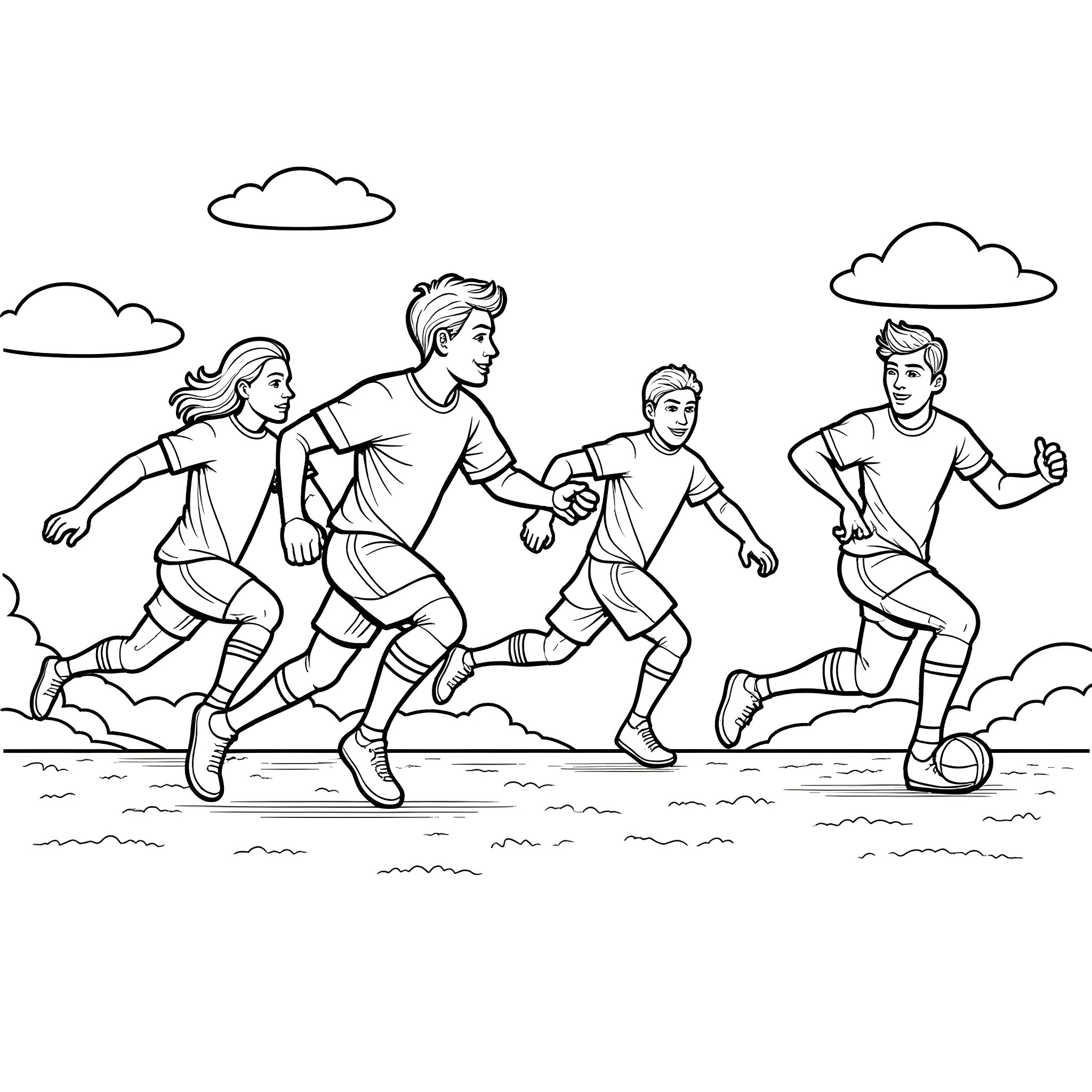 Hero Soccer Players Racing on the Field Coloring Page (free black-and-white line drawing printable PDF for all, from beginners to advanced learners, including children, teens, adults, and seniors)