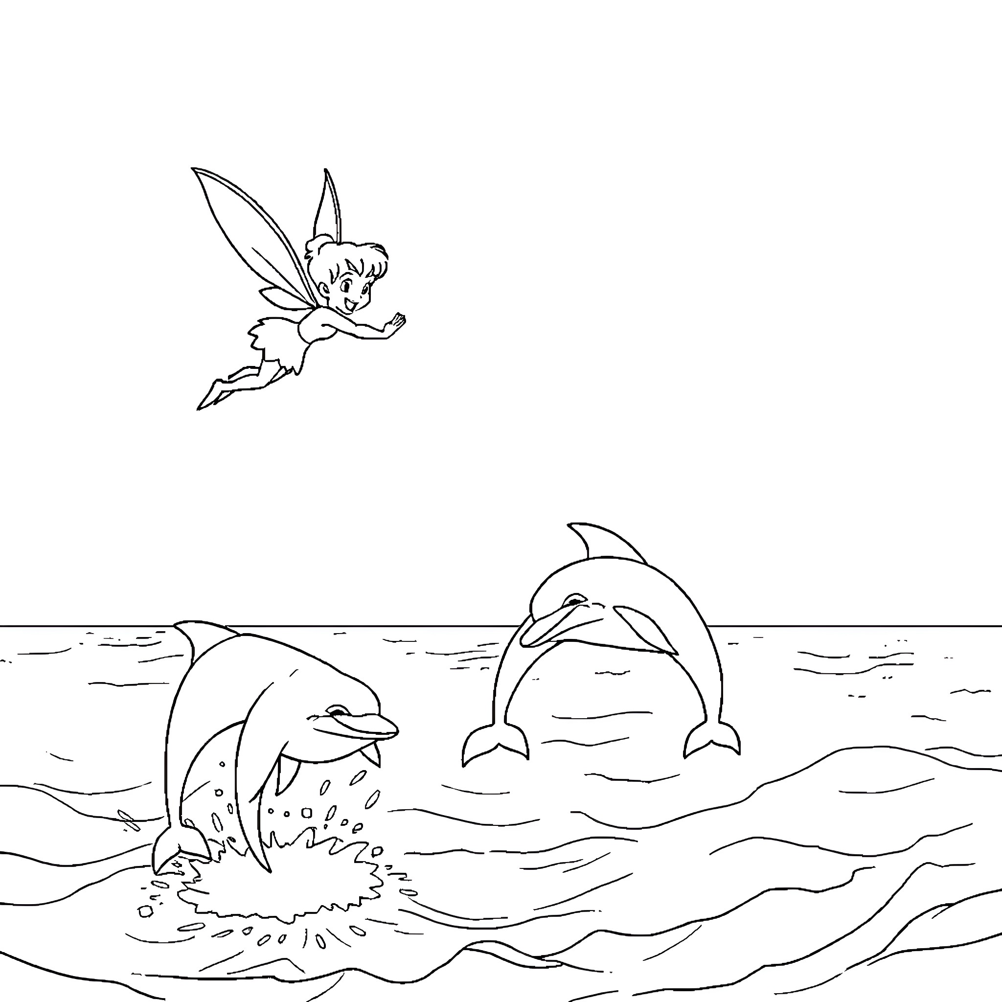 Tinkerbell visits dolphins playing in the ocean Coloring Page (free black-and-white line drawing printable PDF for all, from beginners to advanced learners, including children, teens, adults, and seniors)