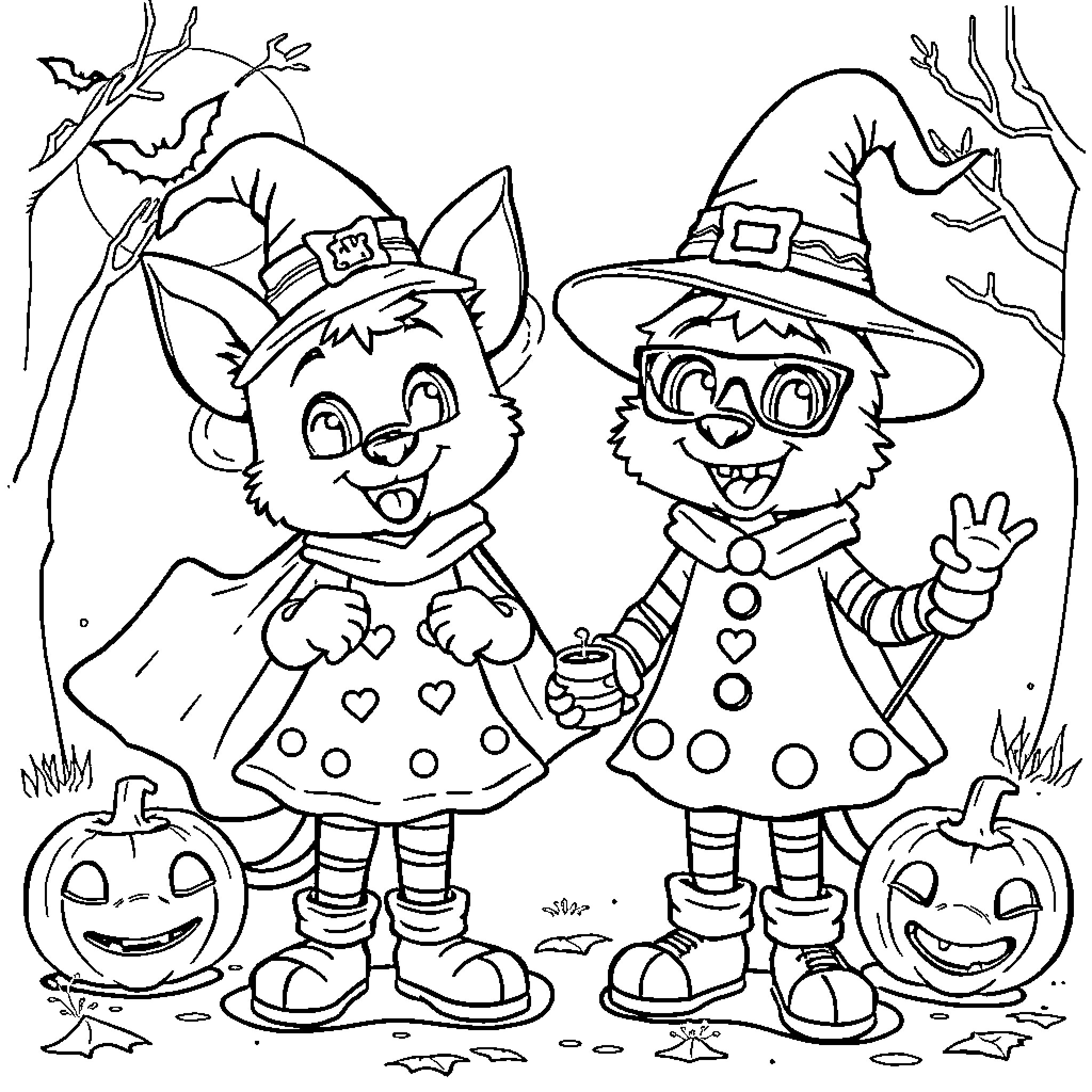 Bluey friends having fun in Halloween costumes Coloring Page (free black-and-white line drawing printable PDF for all, from beginners to advanced learners, including children, teens, adults, and seniors)