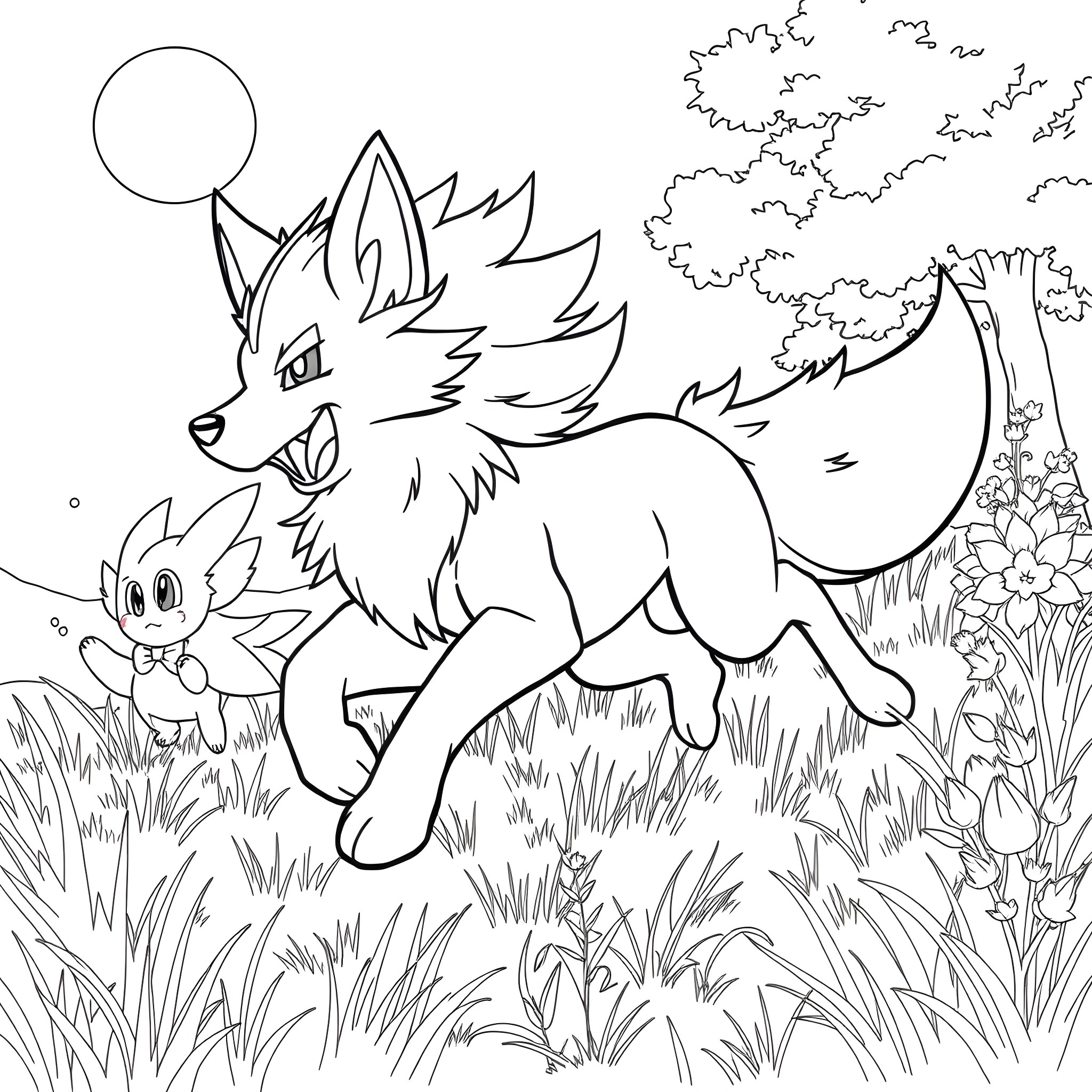 Arcanine exploring the lush forest with a companion Coloring Page (free black-and-white line drawing printable PDF for all, from beginners to advanced learners, including children, teens, adults, and seniors)