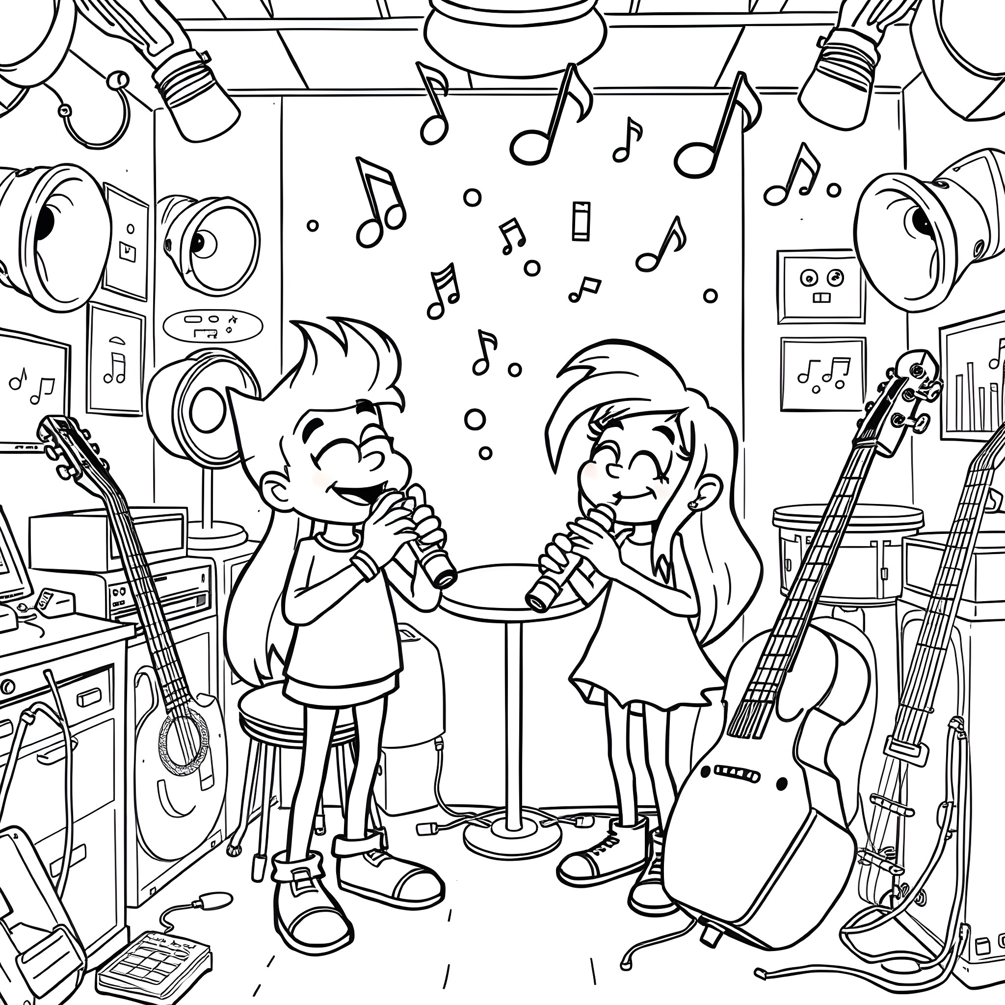 Frye's Musical Jam Session Coloring Page (free black-and-white line drawing printable PDF for all, from beginners to advanced learners, including children, teens, adults, and seniors)