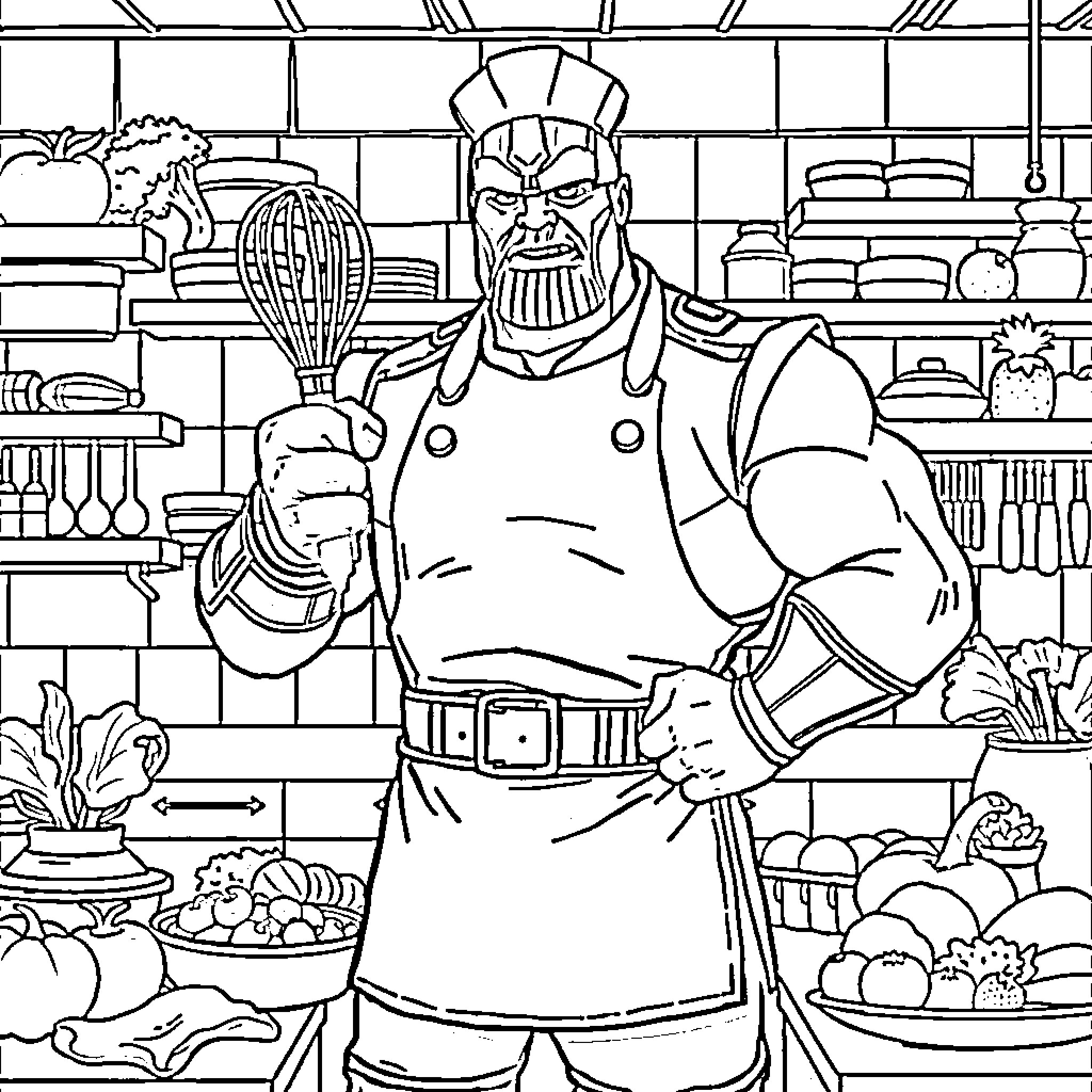 Thanos the Determined Chef Prepares a Meal Coloring Page (free black-and-white line drawing printable PDF for all, from beginners to advanced learners, including children, teens, adults, and seniors)