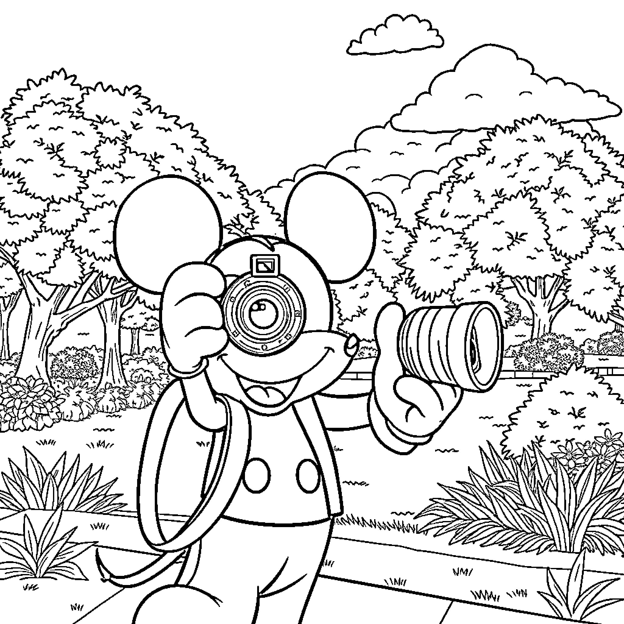 Micki exploring the great outdoors with camera Coloring Page (free black-and-white line drawing printable PDF for all, from beginners to advanced learners, including children, teens, adults, and seniors)