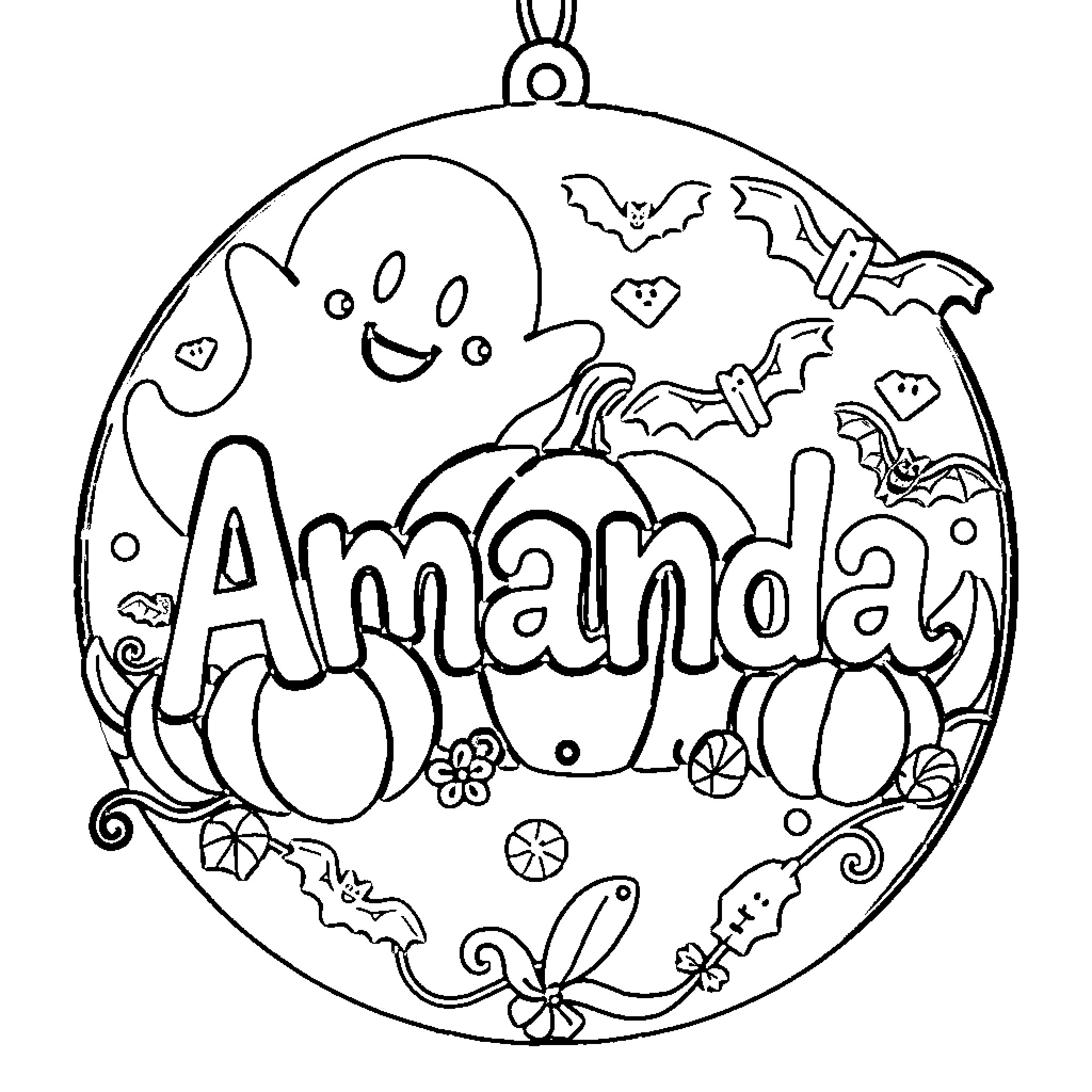 Halloween Ornament Decorations and Playful Spirits Coloring Page (free black-and-white line drawing printable PDF for all, from beginners to advanced learners, including children, teens, adults, and seniors)