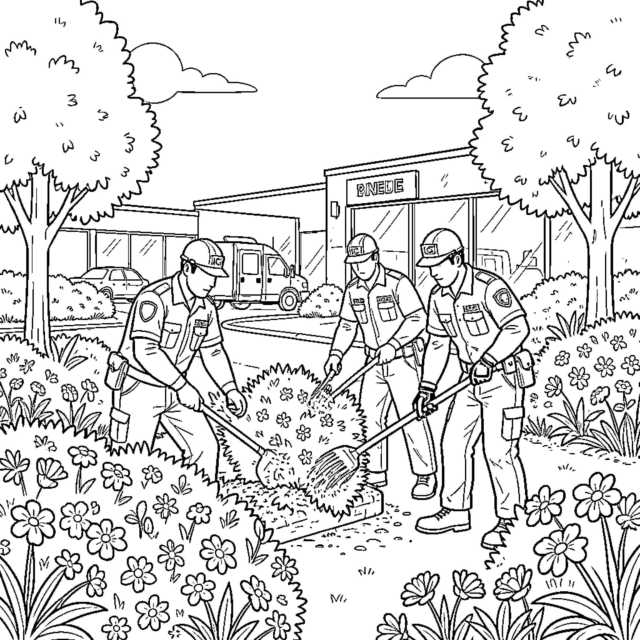 Ice Agent Patrol Maintaining Order in Scenic Neighborhood Coloring Page (free black-and-white line drawing printable PDF for all, from beginners to advanced learners, including children, teens, adults, and seniors)