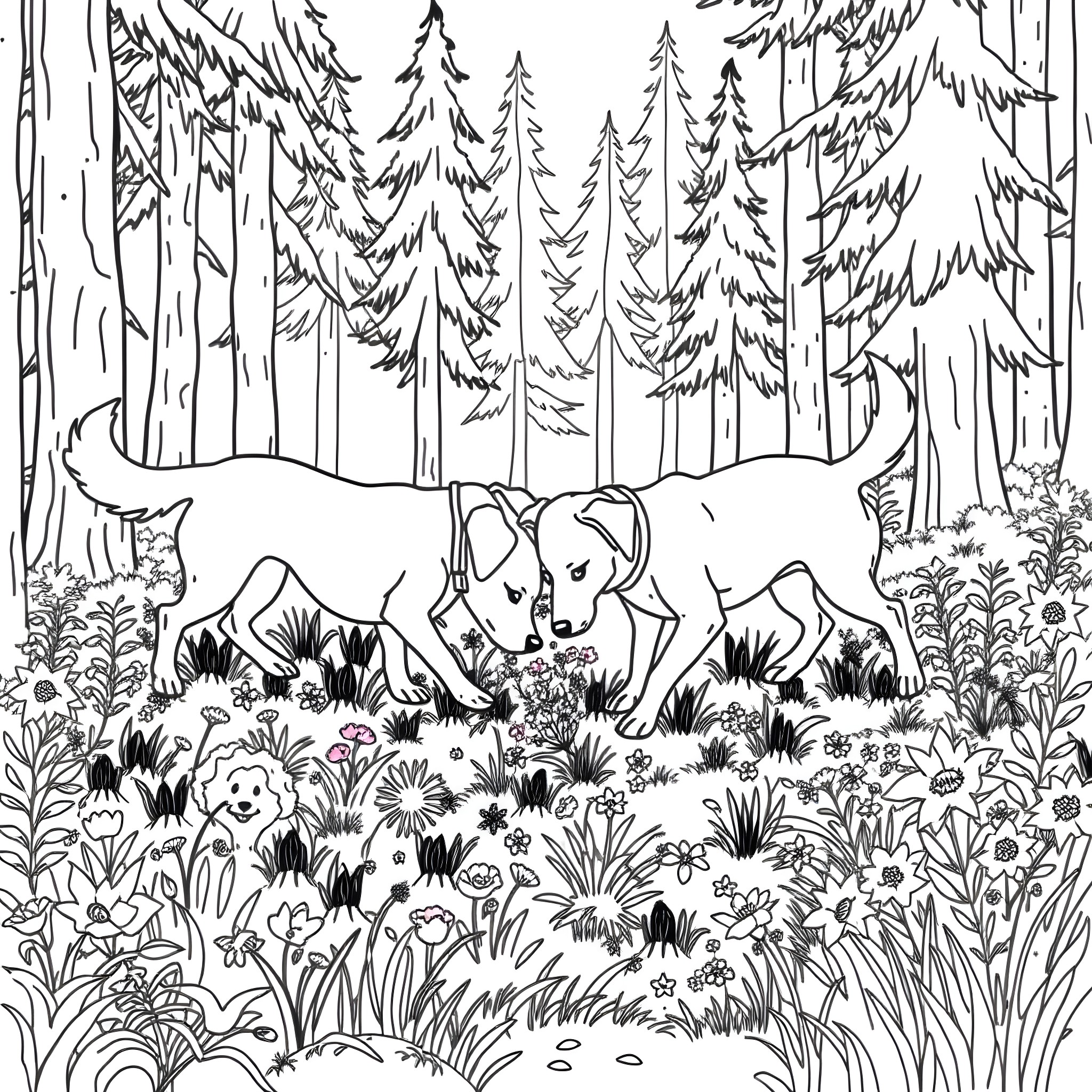 Dog family exploring forest with flowers Coloring Page (free black-and-white line drawing printable PDF for all, from beginners to advanced learners, including children, teens, adults, and seniors)
