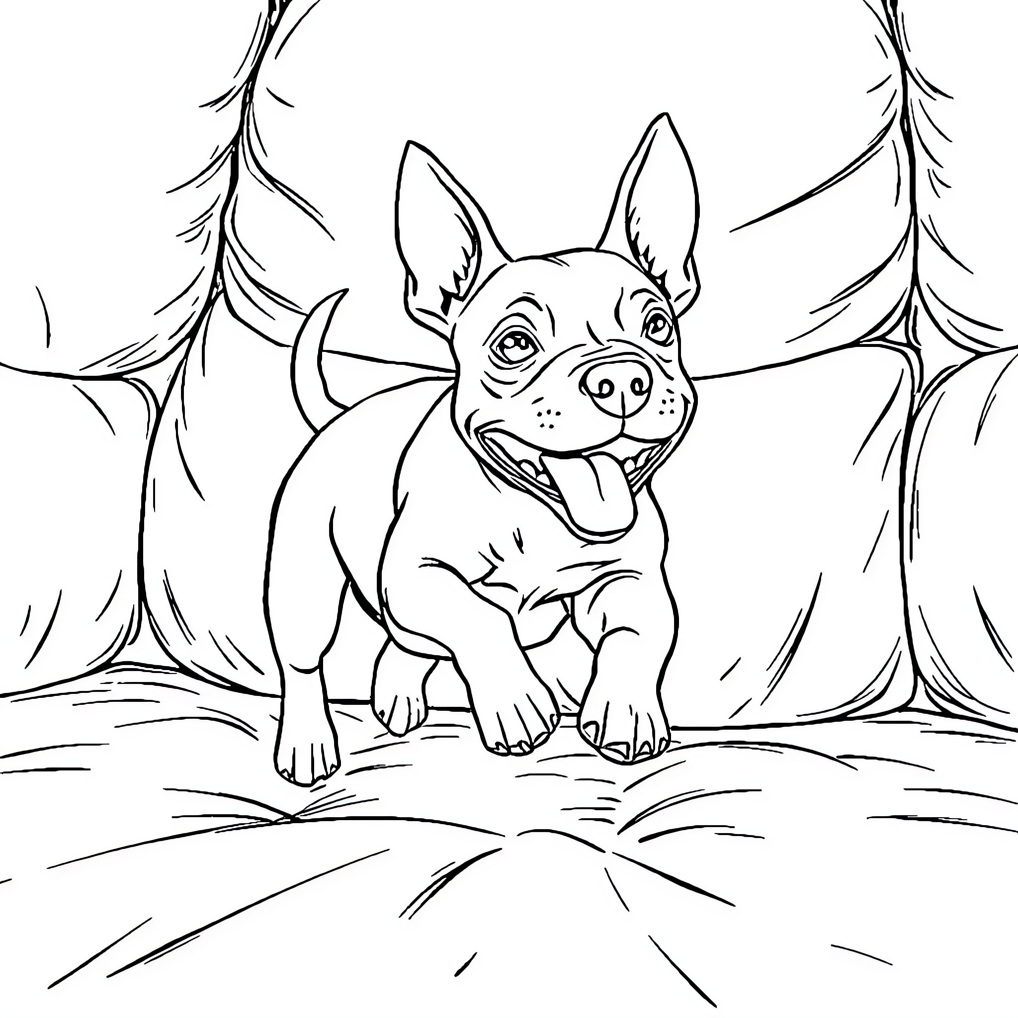 Bull Terrier enjoying the outdoors Coloring Page (free black-and-white line drawing printable PDF for all, from beginners to advanced learners, including children, teens, adults, and seniors)