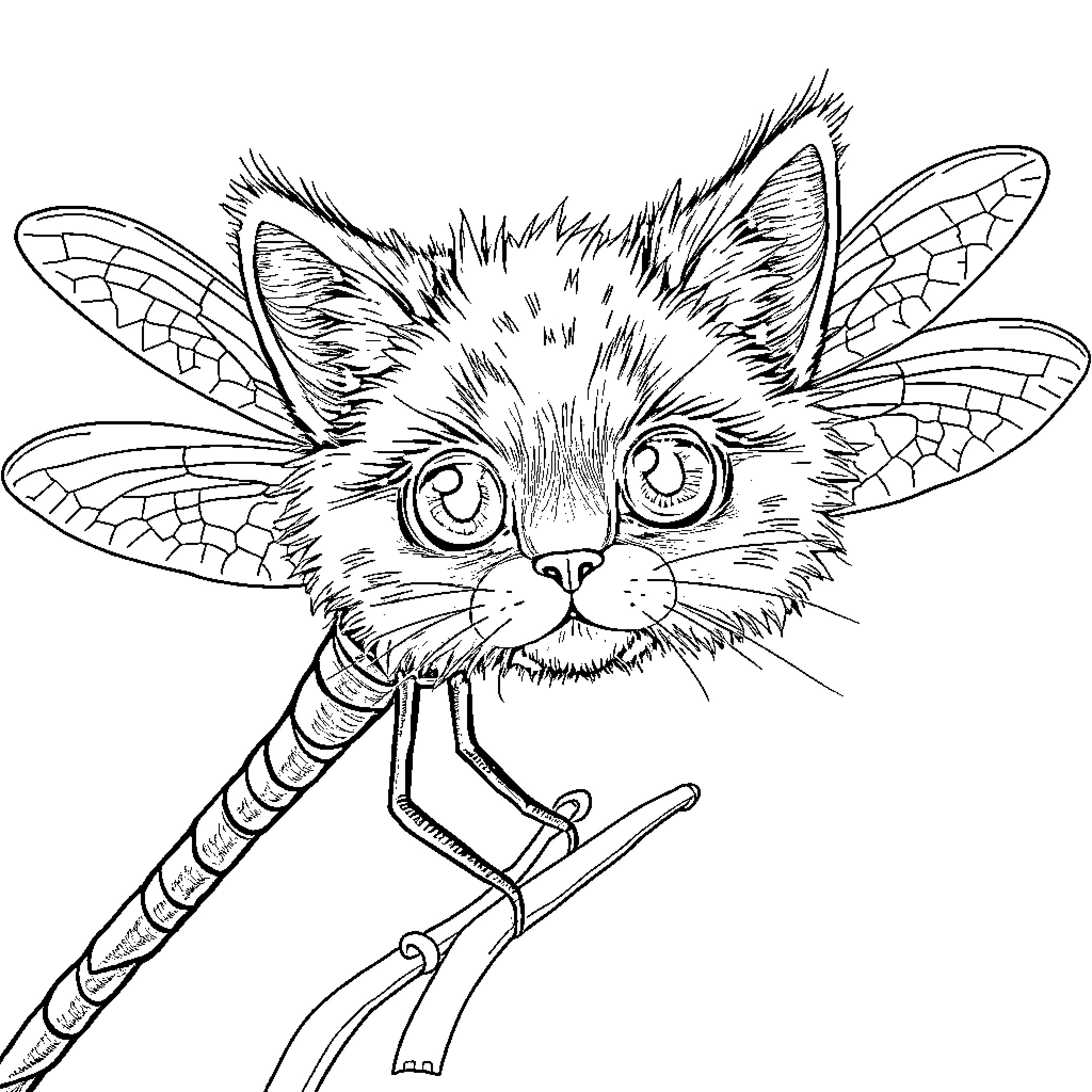 Dragonfly-inspired feline with expressive eyes Coloring Page (free black-and-white line drawing printable PDF for all, from beginners to advanced learners, including children, teens, adults, and seniors)