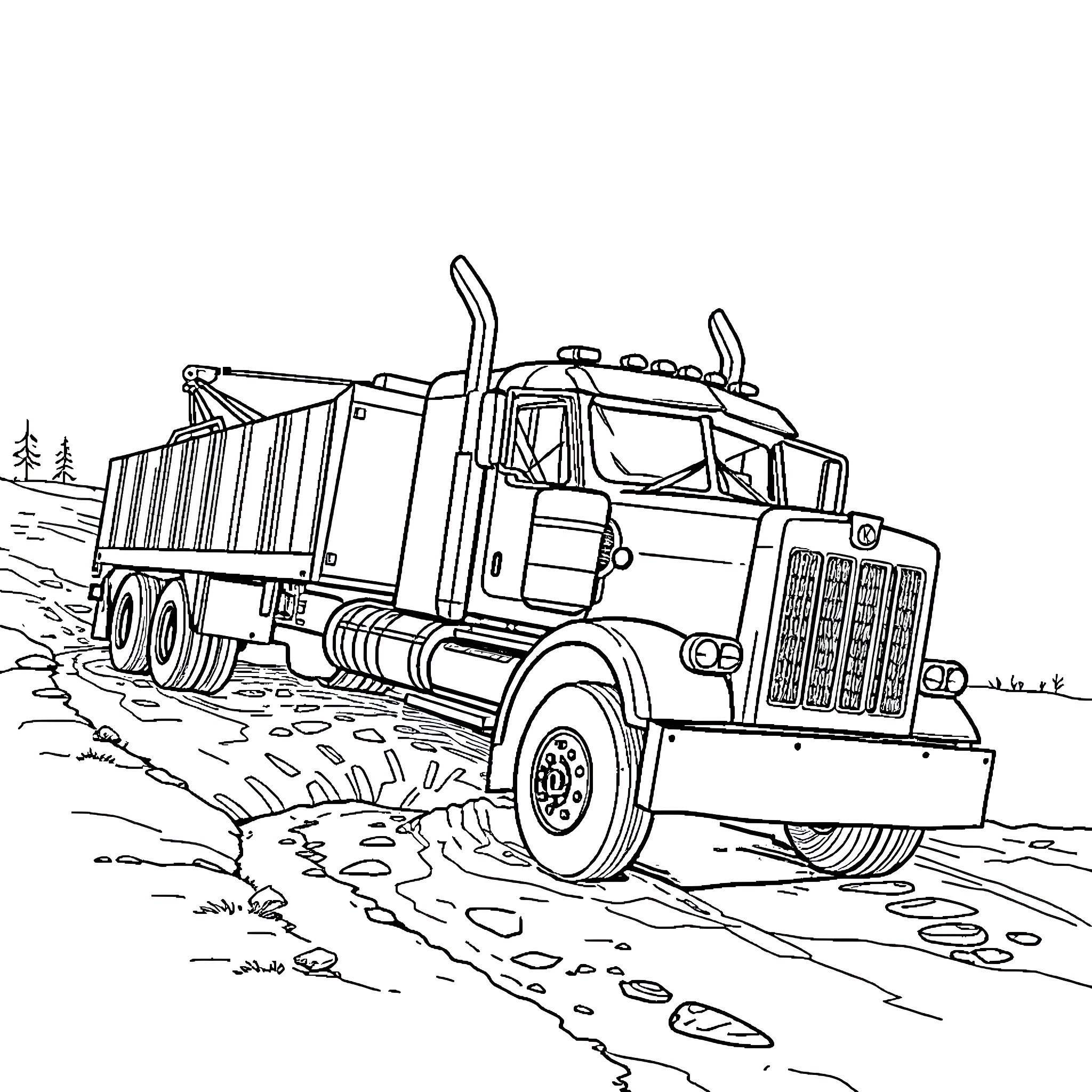 Wrecker transporting heavy cargo on rugged terrain Coloring Page (free black-and-white line drawing printable PDF for all, from beginners to advanced learners, including children, teens, adults, and seniors)