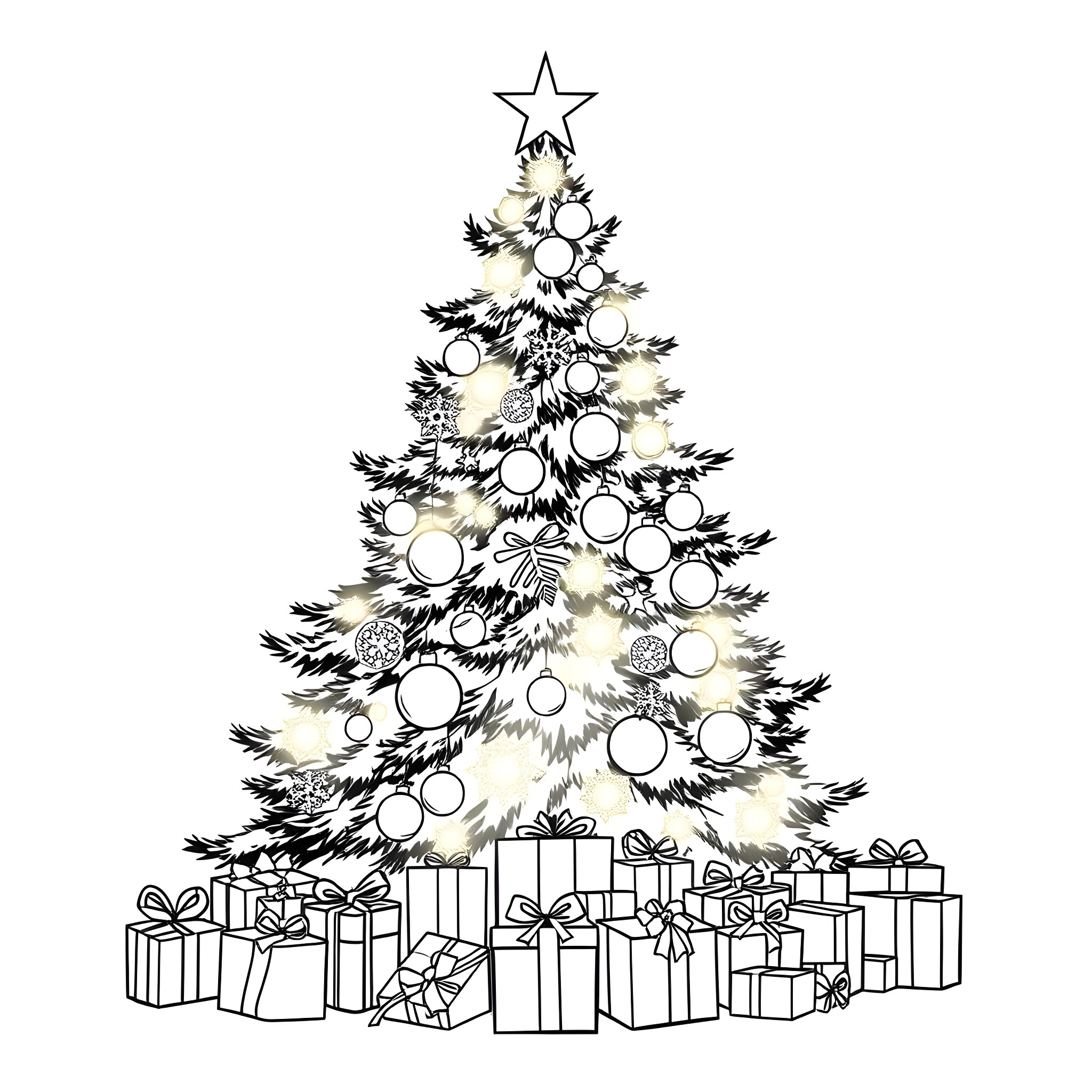 Christmas Tree with Ornaments and Gifts Coloring Page (free black-and-white line drawing printable PDF for all, from beginners to advanced learners, including children, teens, adults, and seniors)
