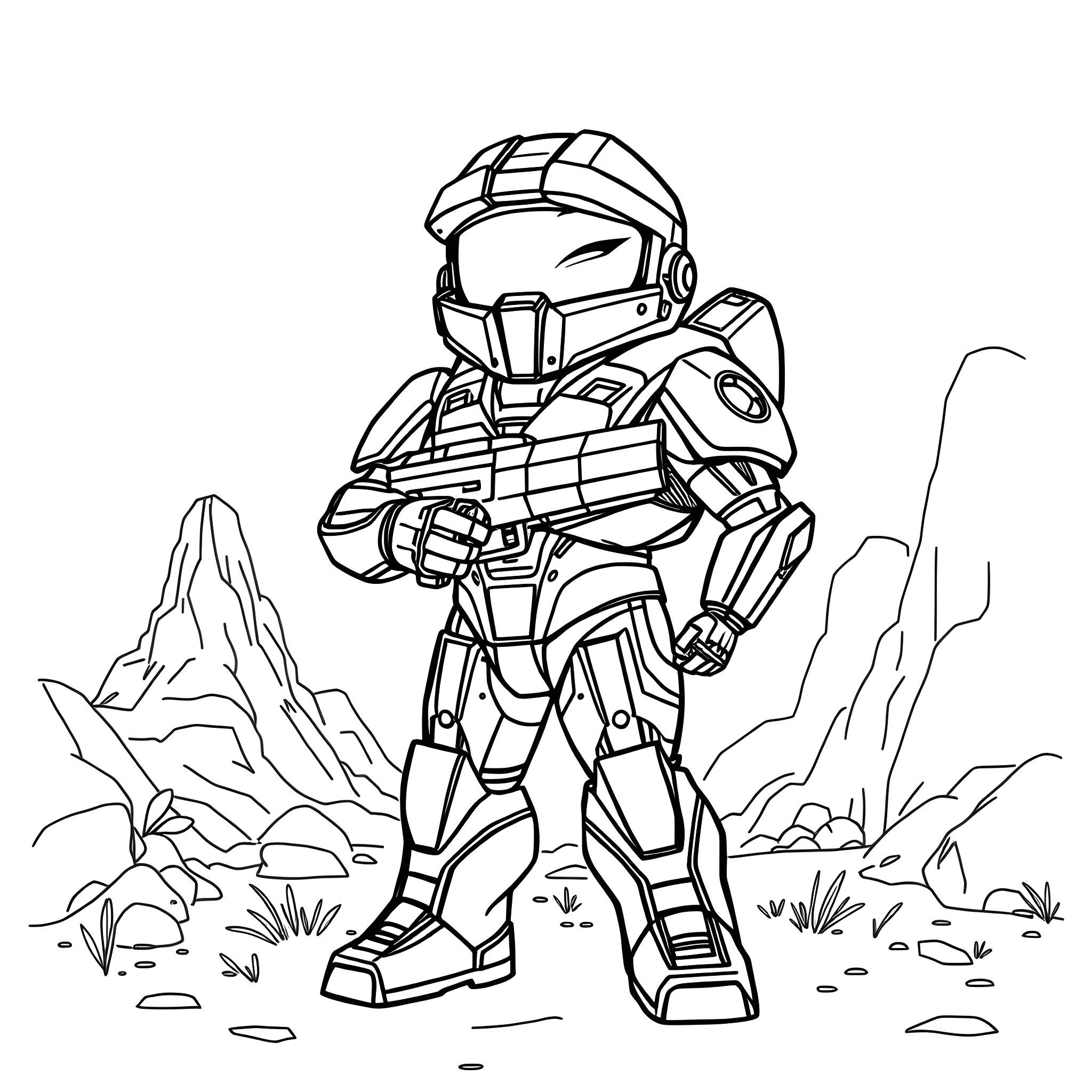 Masterchief in Rugged Terrain Coloring Page (free black-and-white line drawing printable PDF for all, from beginners to advanced learners, including children, teens, adults, and seniors)