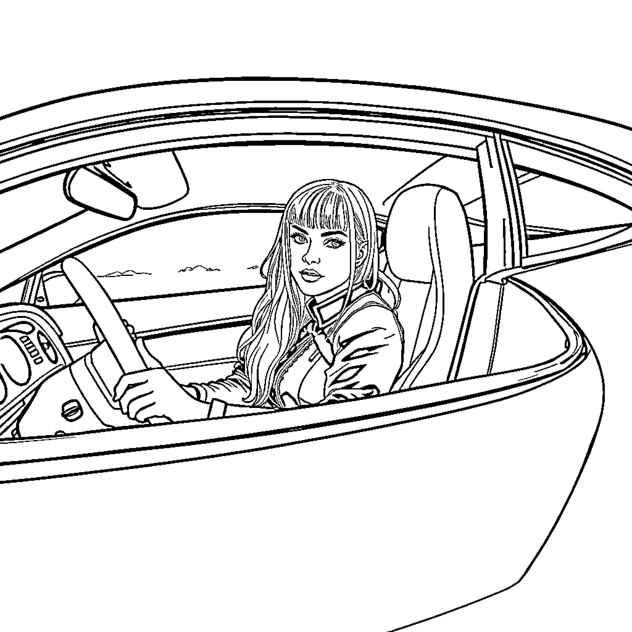 Billie Eilish driving a sports car Coloring Page (free black-and-white line drawing printable PDF for all, from beginners to advanced learners, including children, teens, adults, and seniors)