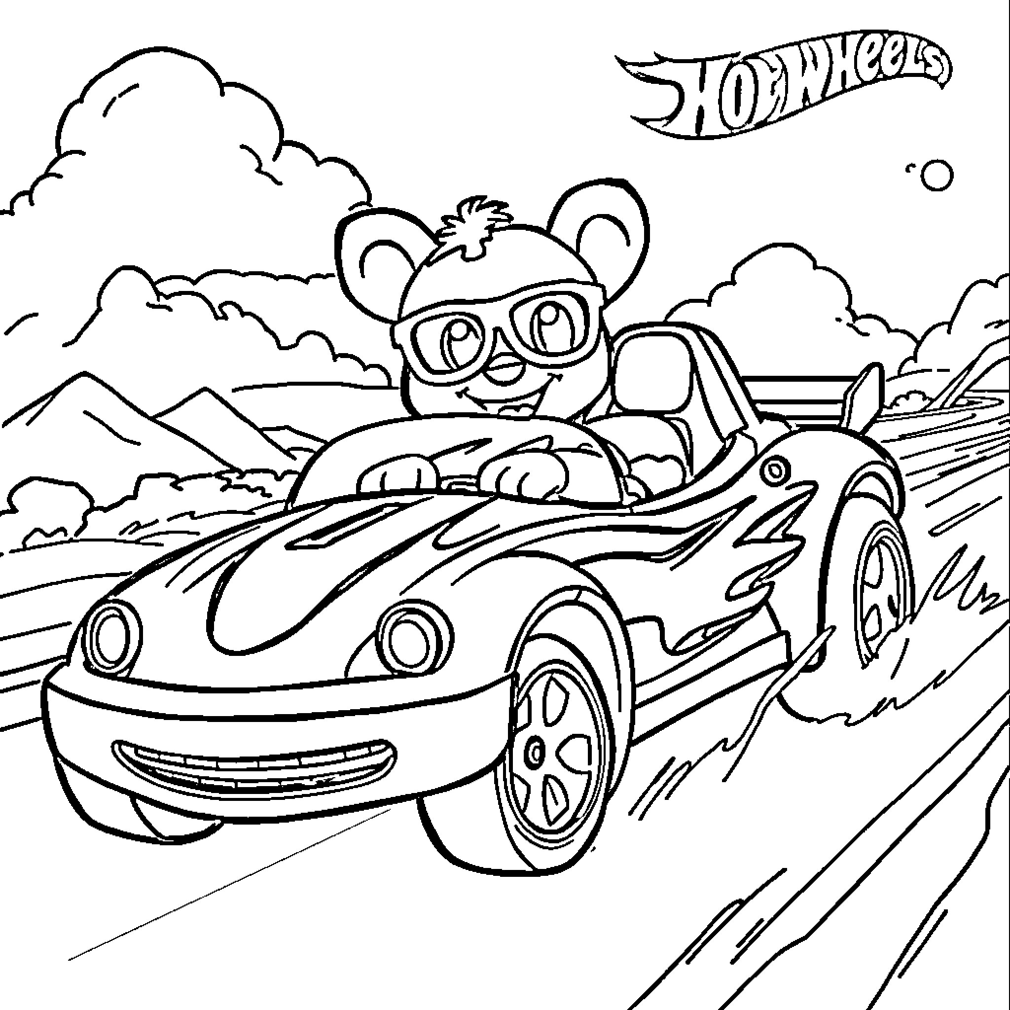 Bluey's Hot Wheels Adventure Coloring Page (free black-and-white line drawing printable PDF for all, from beginners to advanced learners, including children, teens, adults, and seniors)