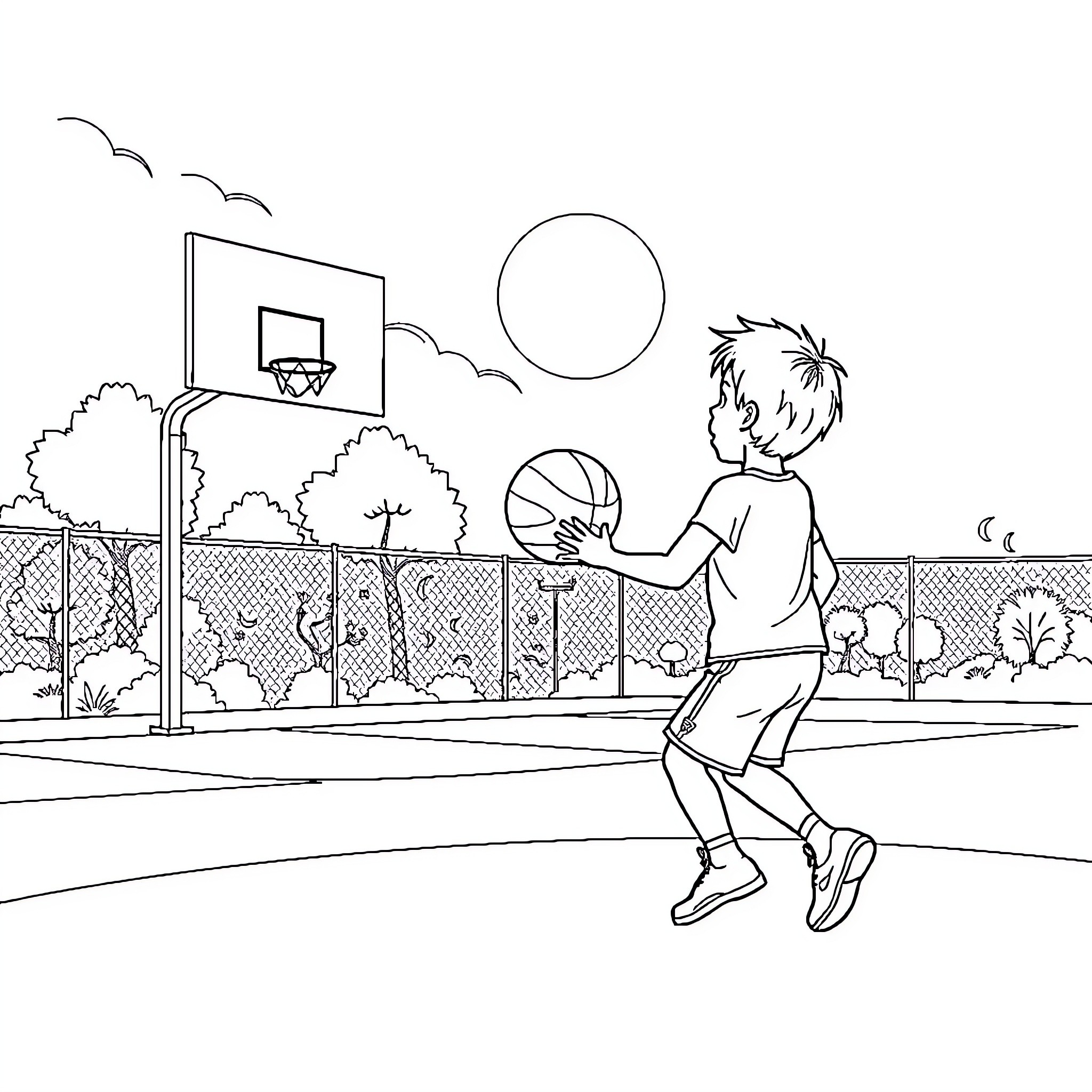 Basketball player dribbling on outdoor court Coloring Page (free black-and-white line drawing printable PDF for all, from beginners to advanced learners, including children, teens, adults, and seniors)