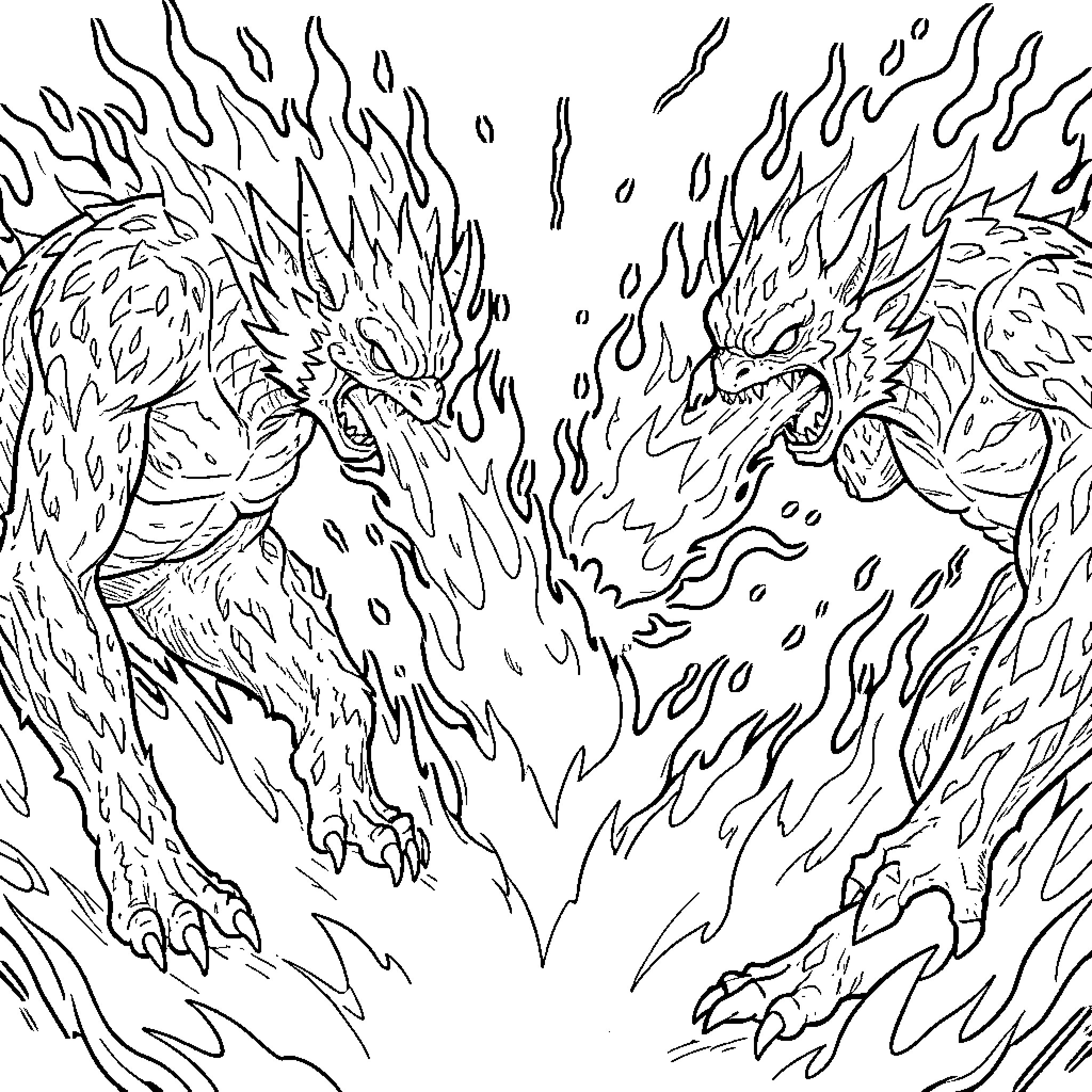 Fire Monster battling while breathing intense flames Coloring Page (free black-and-white line drawing printable PDF for all, from beginners to advanced learners, including children, teens, adults, and seniors)