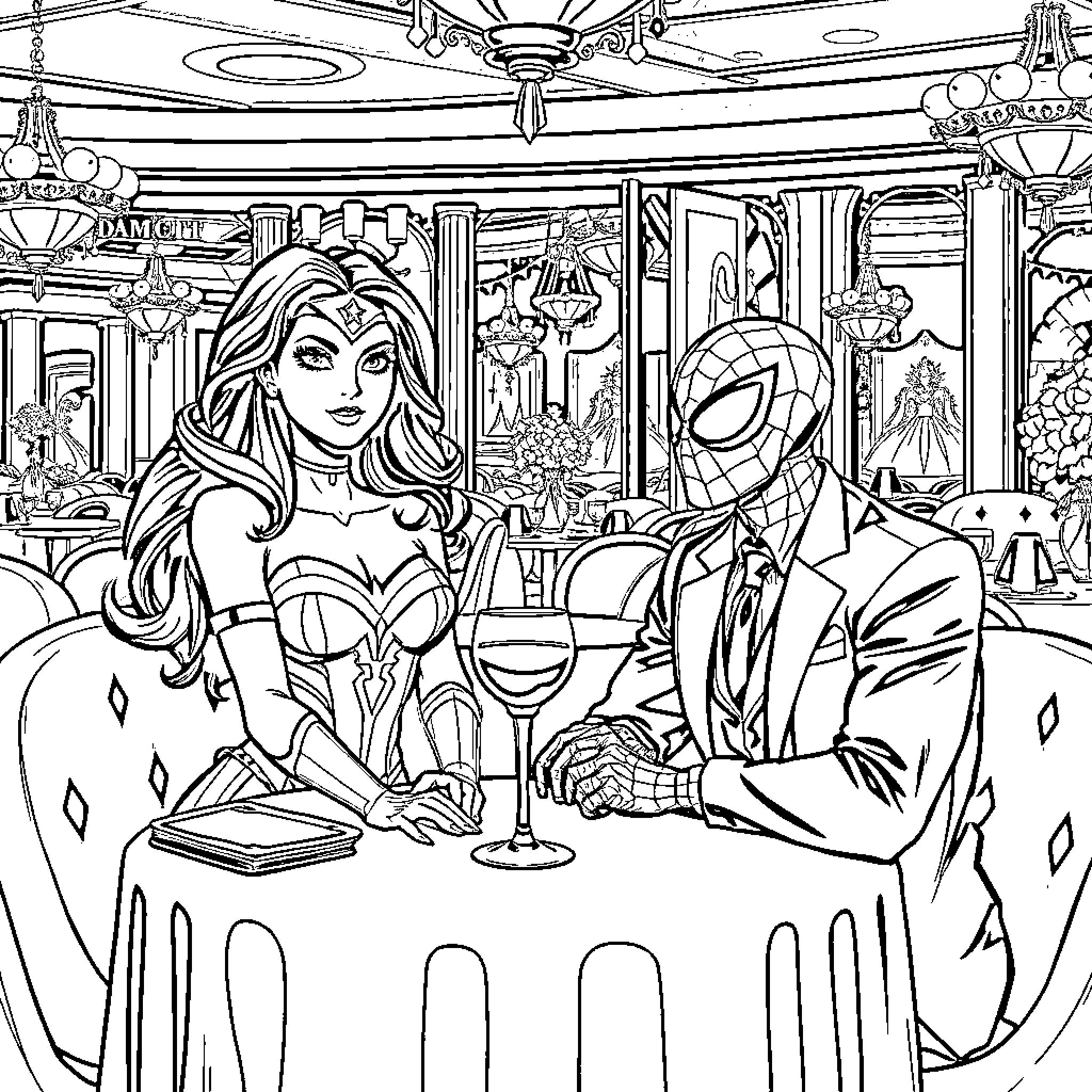 Superwoman and Spider-Man enjoying a night out Coloring Page (free black-and-white line drawing printable PDF for all, from beginners to advanced learners, including children, teens, adults, and seniors)