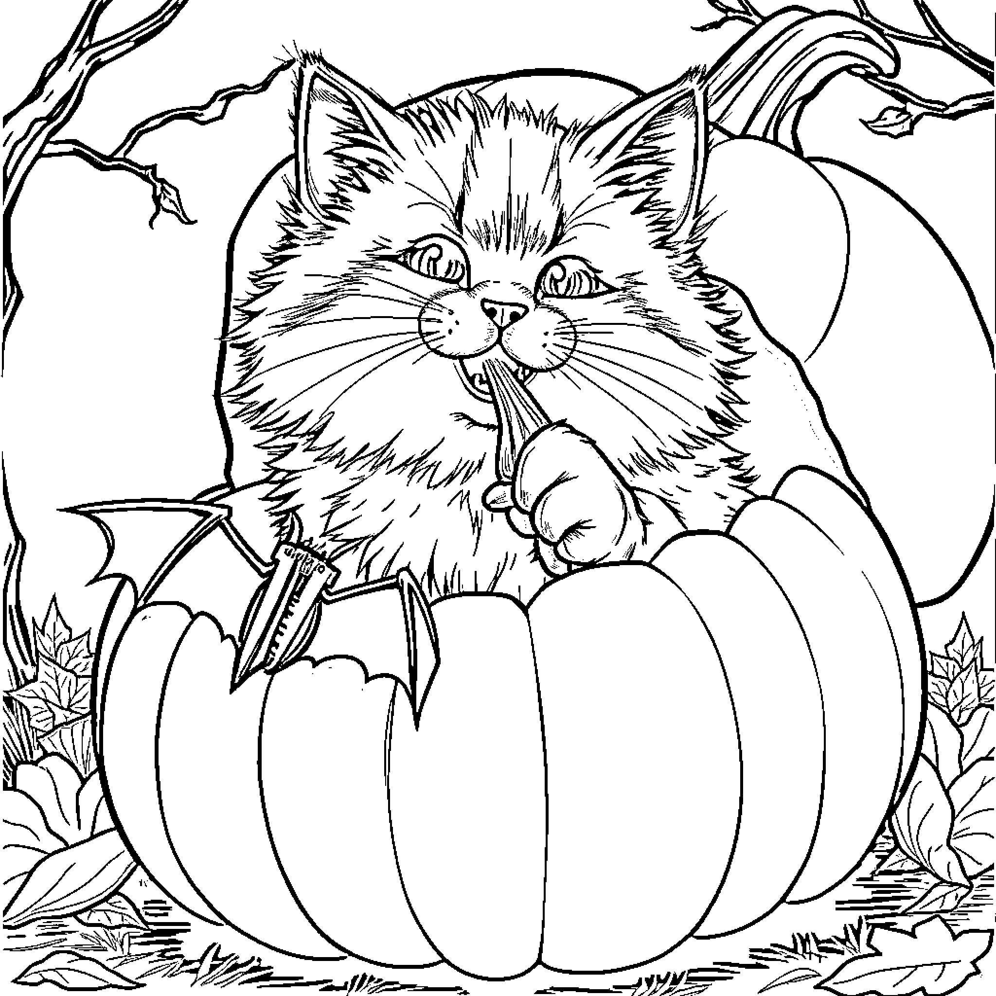 Cat hiding in pumpkin on Halloween Coloring Page (free black-and-white line drawing printable PDF for all, from beginners to advanced learners, including children, teens, adults, and seniors)