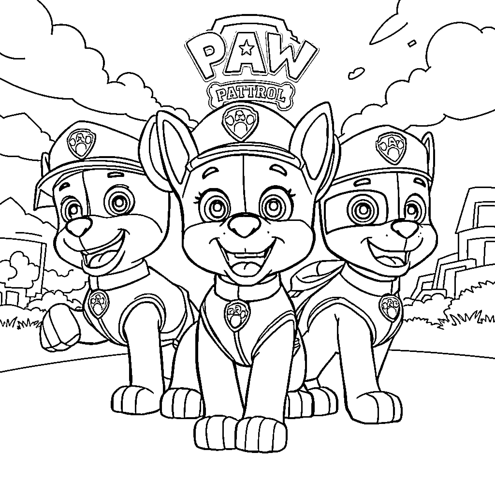 Paw Patrol pups in uniform posing together Coloring Page (free black-and-white line drawing printable PDF for all, from beginners to advanced learners, including children, teens, adults, and seniors)