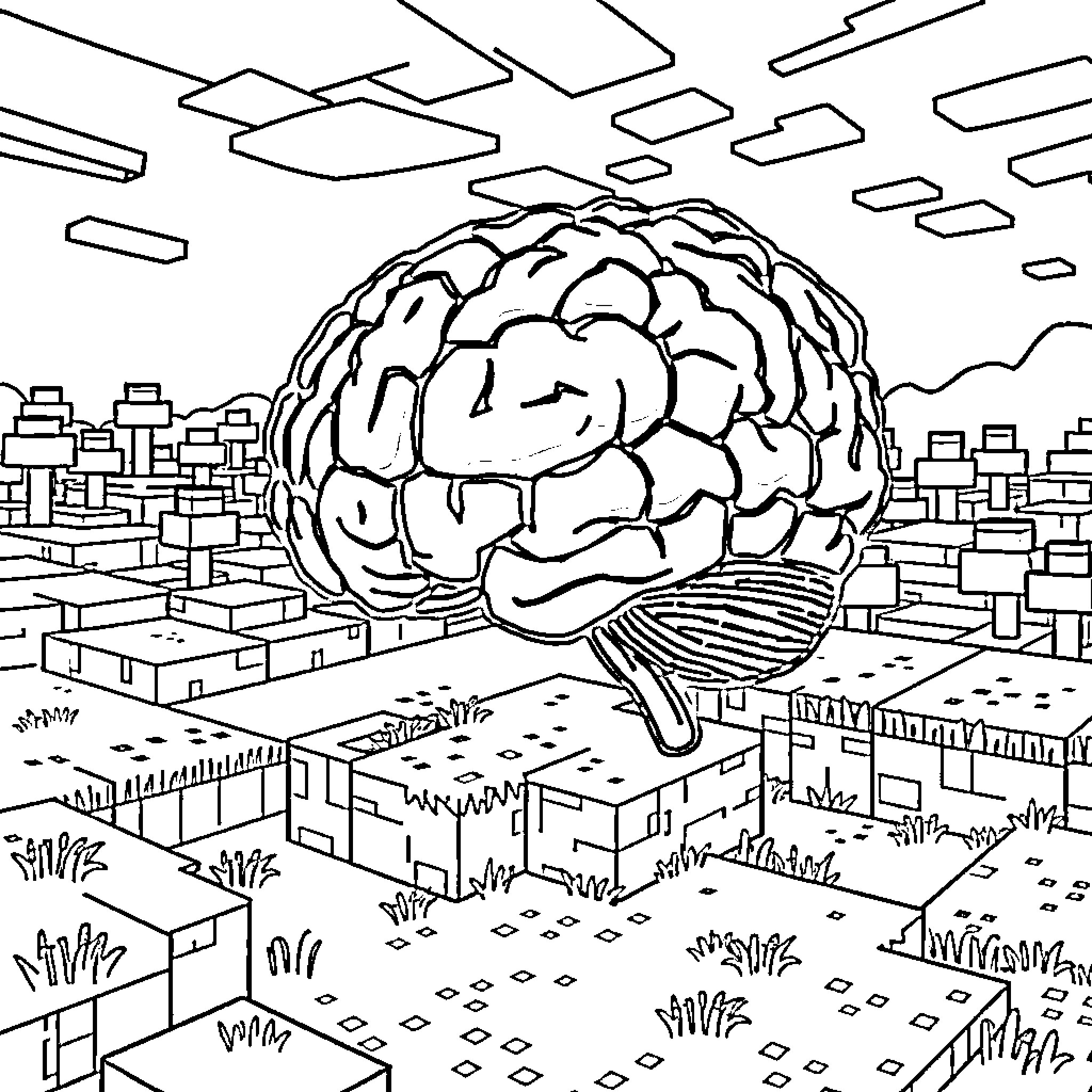 Brain floating above complex city landscape Coloring Page (free black-and-white line drawing printable PDF for all, from beginners to advanced learners, including children, teens, adults, and seniors)