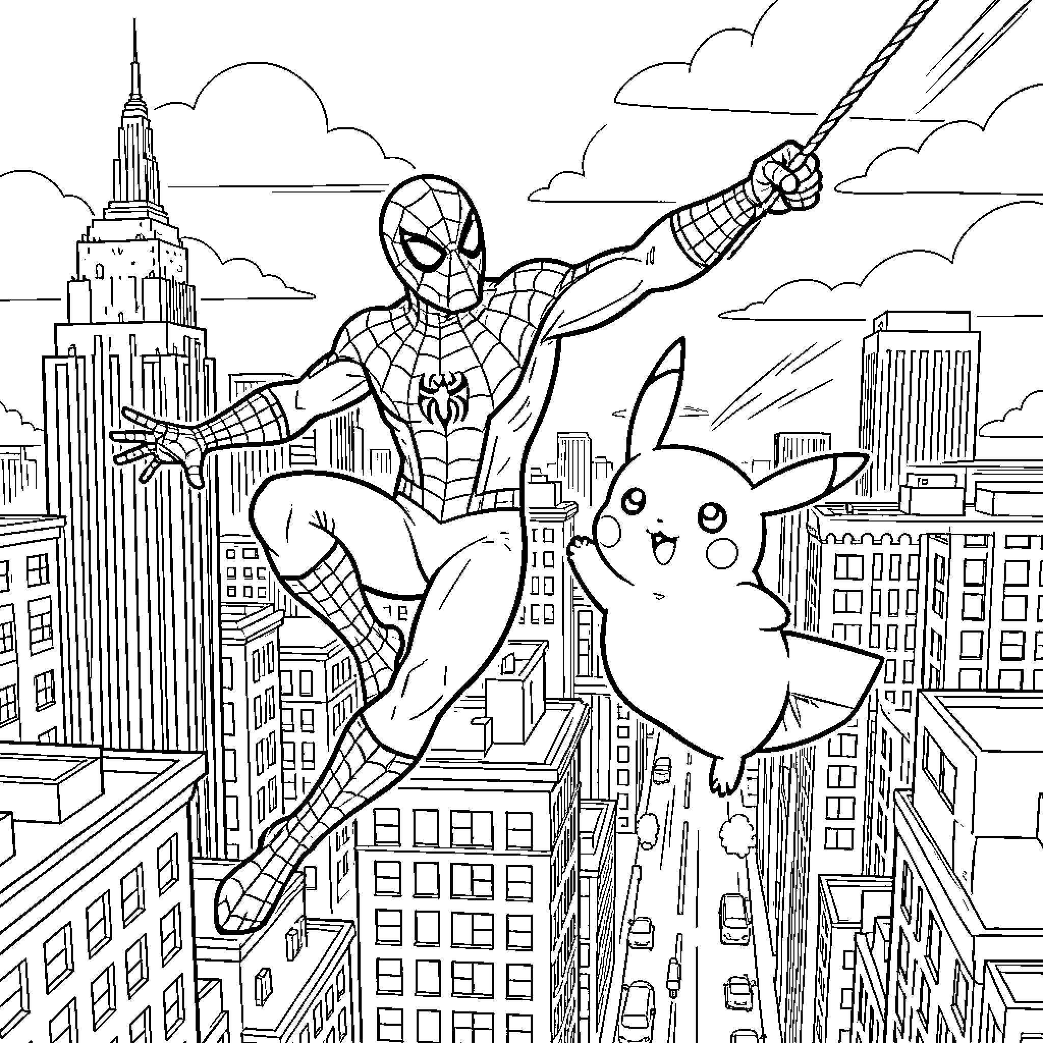 Spiderman swinging through a city with Pikachu Coloring Page (free black-and-white line drawing printable PDF for all, from beginners to advanced learners, including children, teens, adults, and seniors)