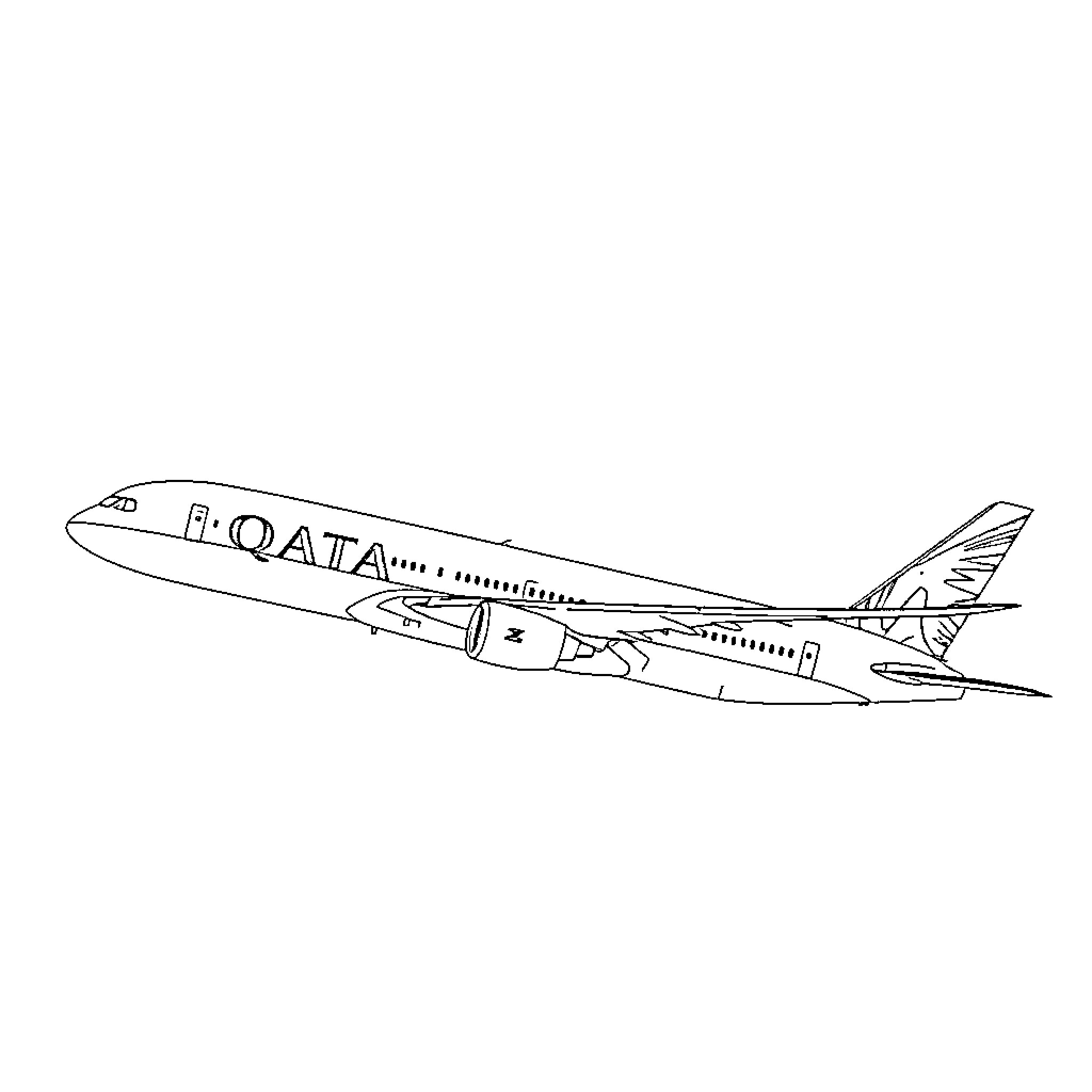 B787-9 aircraft in flight with Qatar livery Coloring Page (free black-and-white line drawing printable PDF for all, from beginners to advanced learners, including children, teens, adults, and seniors)