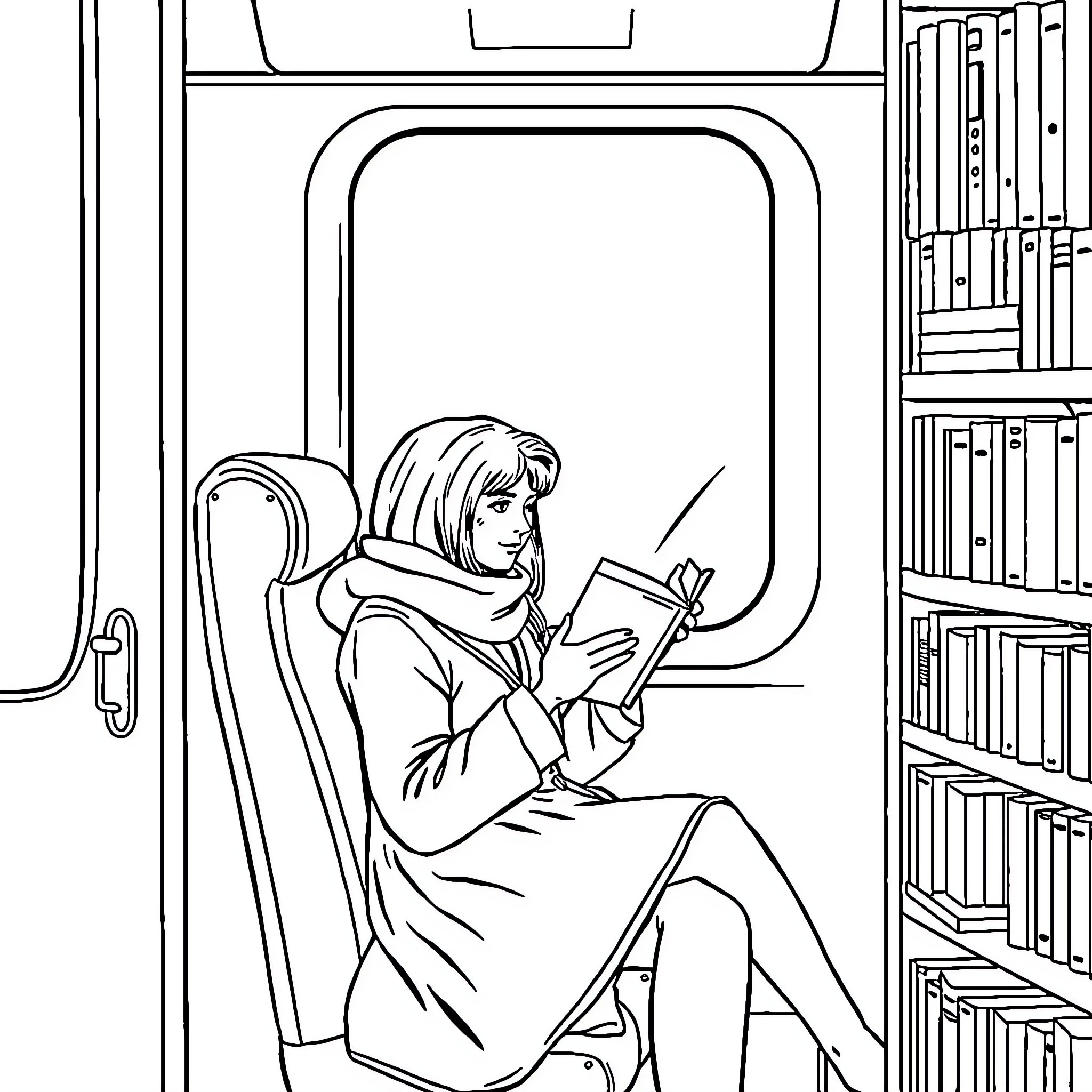 Rapunzel reading a book in a cozy library Coloring Page (free black-and-white line drawing printable PDF for all, from beginners to advanced learners, including children, teens, adults, and seniors)