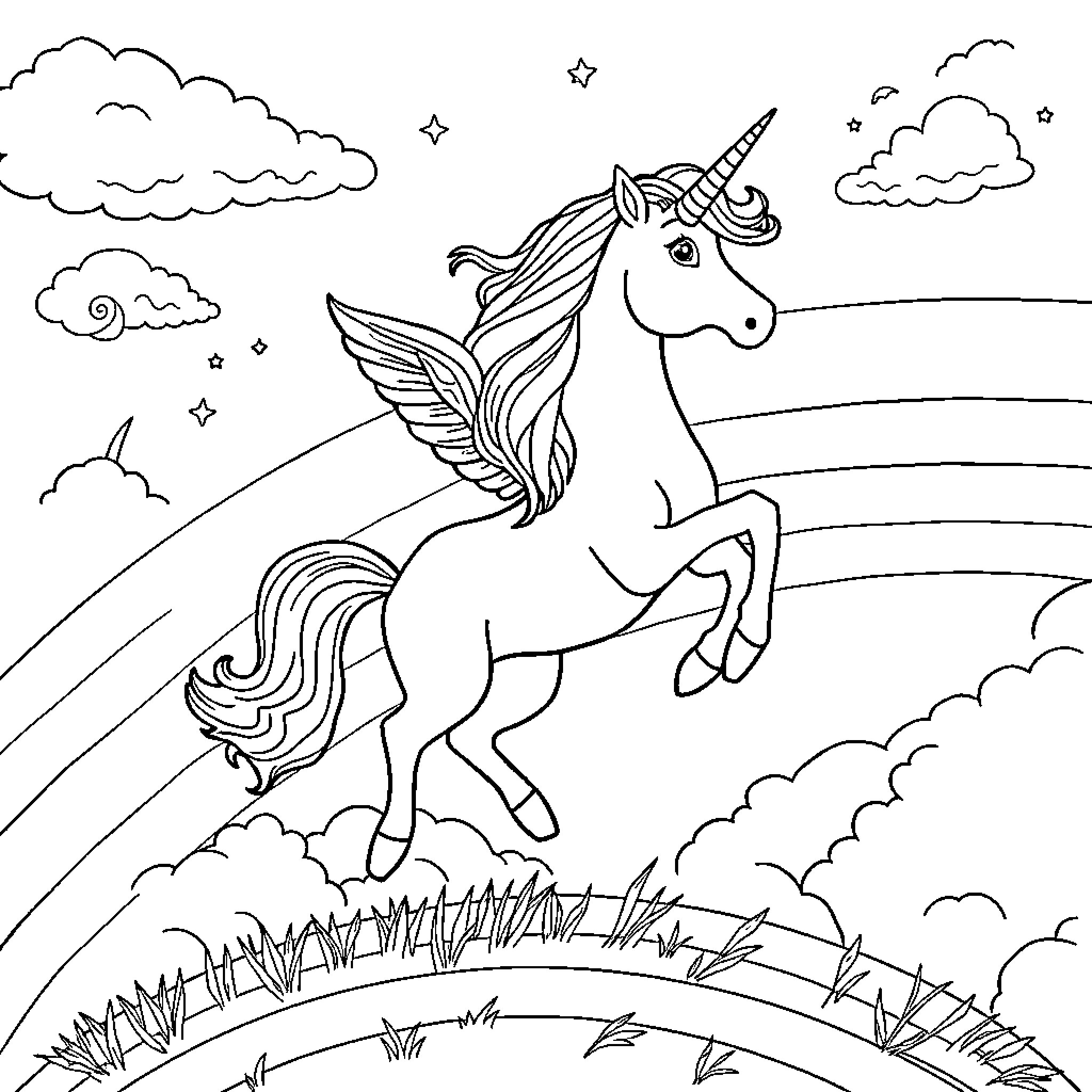 Unicorn galloping through a magical landscape Coloring Page (free black-and-white line drawing printable PDF for all, from beginners to advanced learners, including children, teens, adults, and seniors)