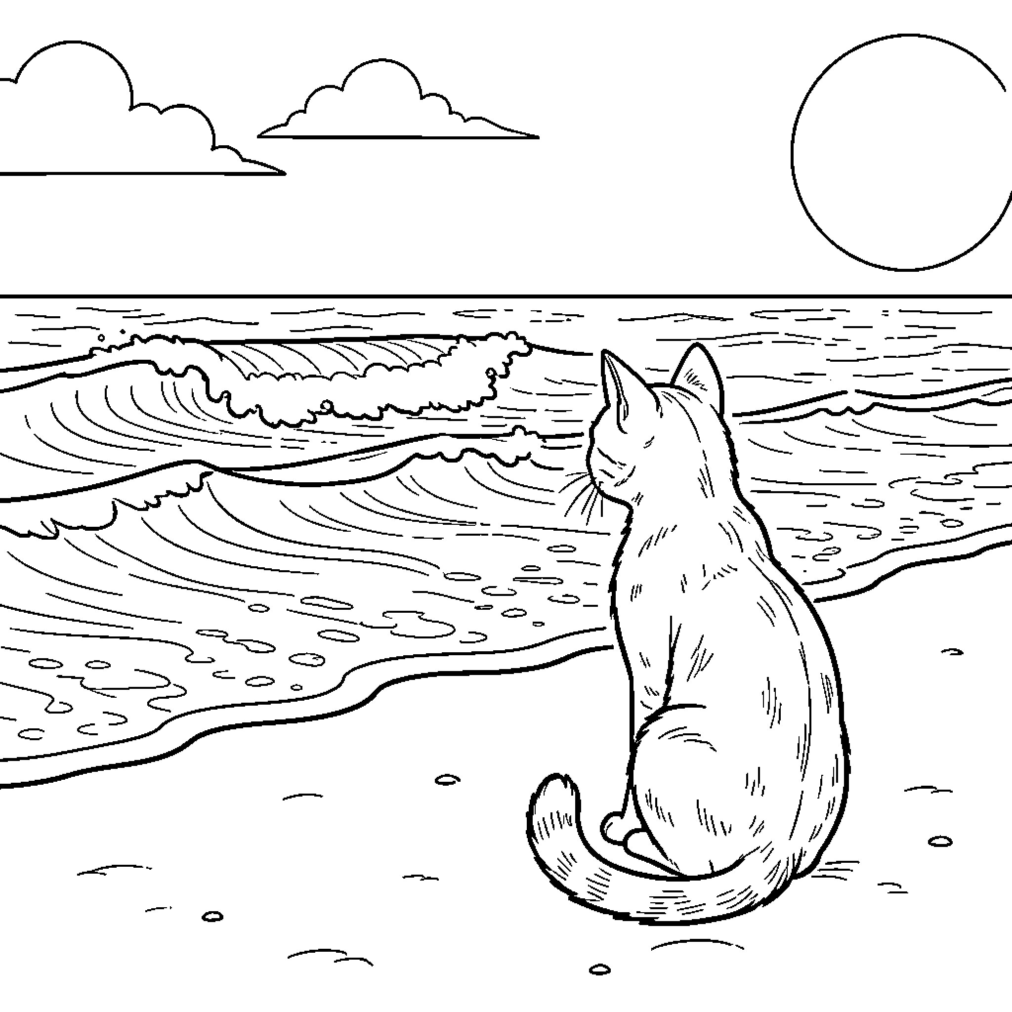 Cat overlooking the ocean at sunset Coloring Page (free black-and-white line drawing printable PDF for all, from beginners to advanced learners, including children, teens, adults, and seniors)