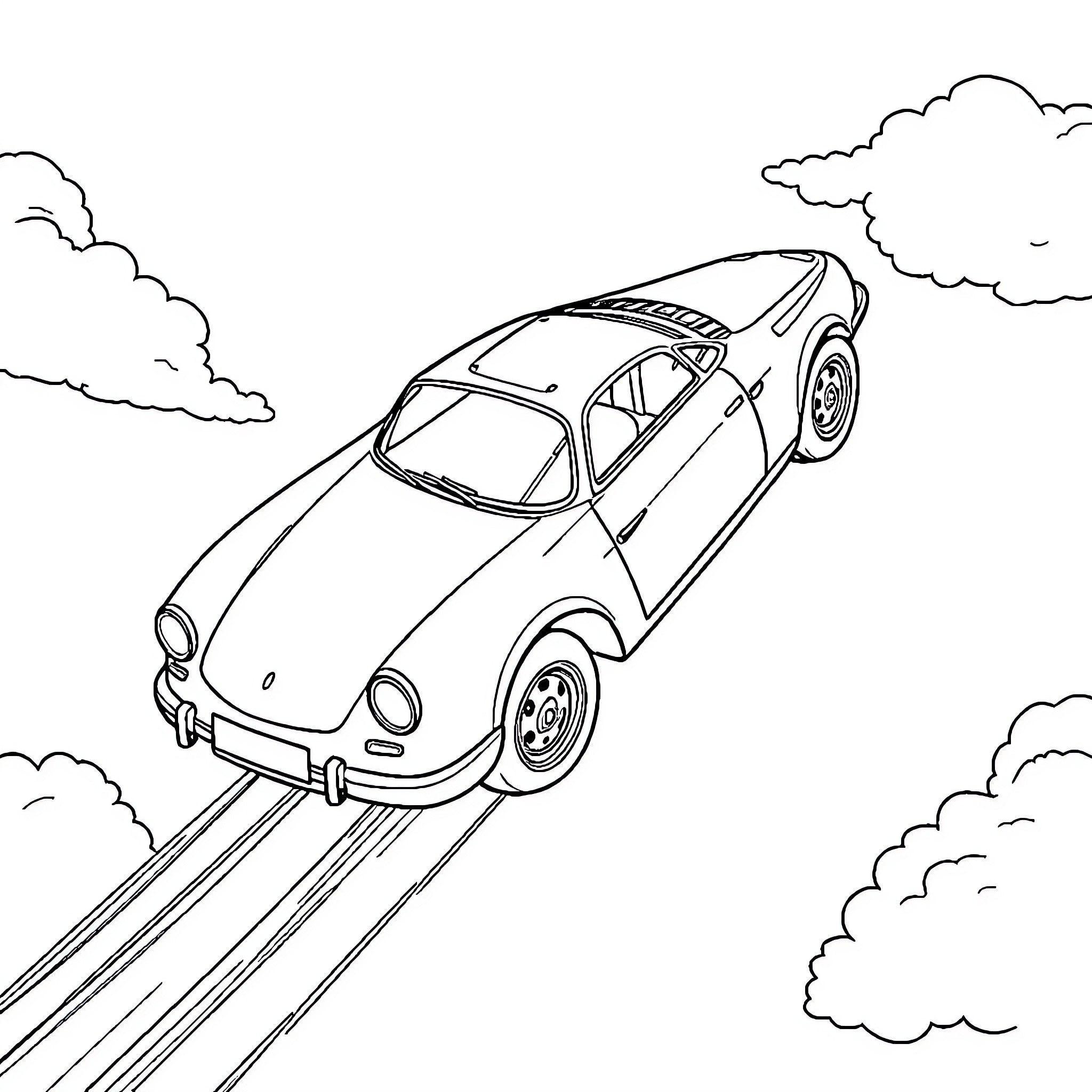 Flying Car racing through the clouds Coloring Page (free black-and-white line drawing printable PDF for all, from beginners to advanced learners, including children, teens, adults, and seniors)